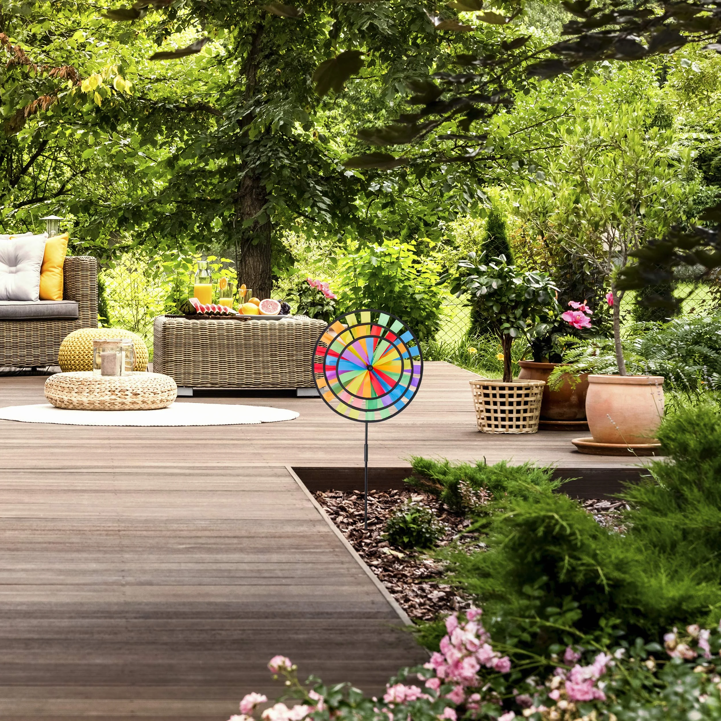 Relaxdays Moulin Arc-en-Ciel Carillon à Vent à Planter Jouet Jardin Balcon 73,5 x 35,5 x 15 cm Multicolore