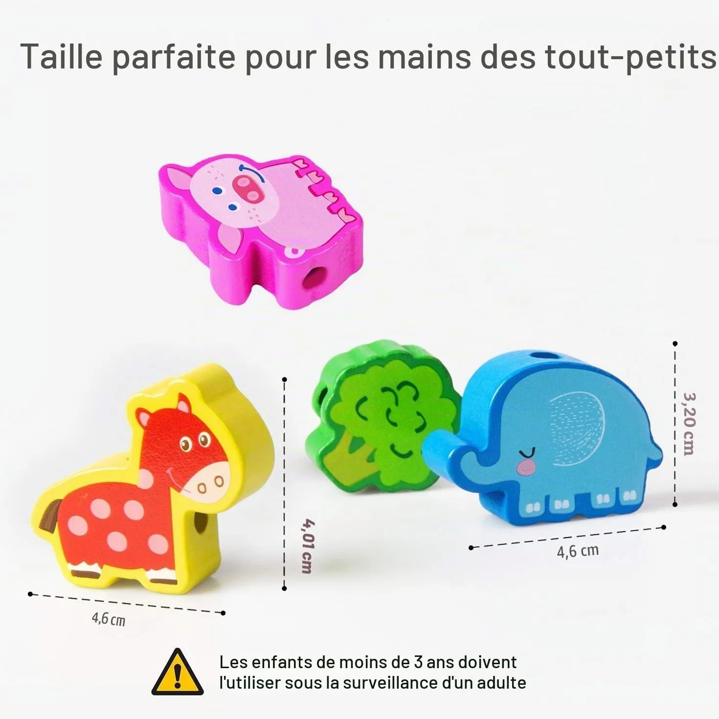 Perles en Bois à Enfiler Jouet 42 Pièces Animaux Fruits Montessori Éducatif Enfant Cadeau Garçons Filles 2-4 Ans