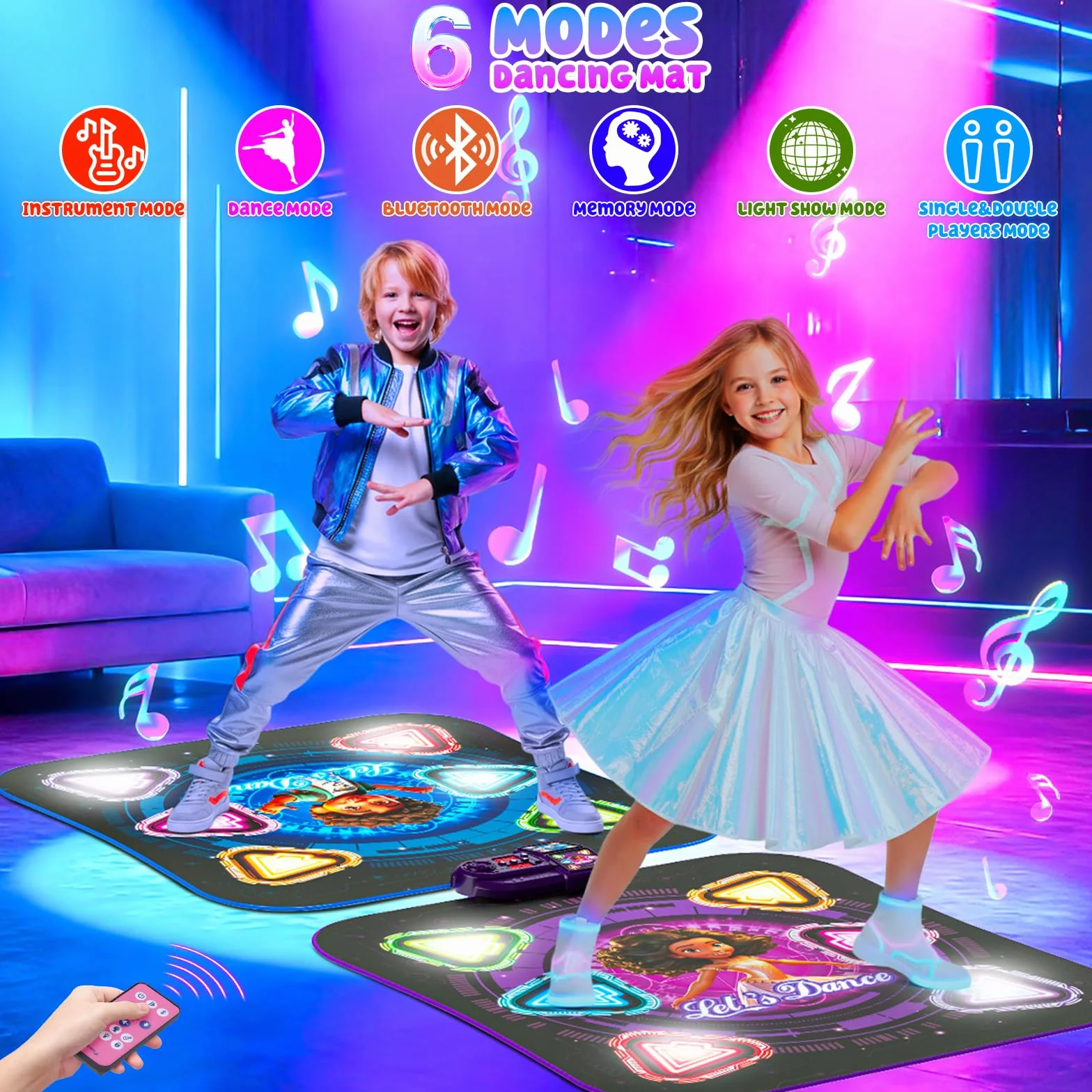 Tapis de Danse pour Enfants 2 Joueurs, Tapis de Danse Lumineux 12 Boutons Bluetooth, Cadeau Anniversaire Noël Filles Garçons 3-12 Ans