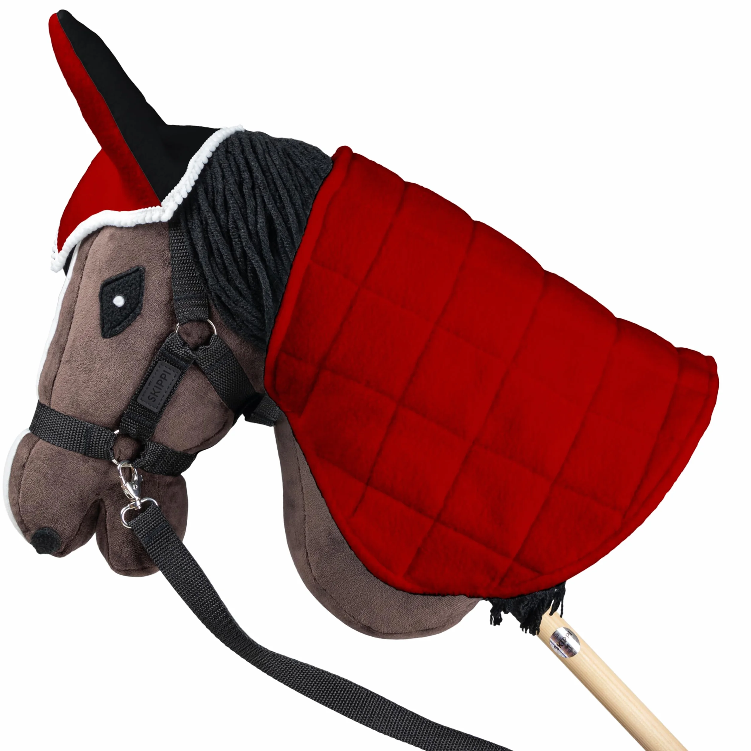 SKIPPI Couverture Réversible et Bonnet Anti Mouches pour Hobby Horse - Rouge et Noir, Accessoire Tête de Cheval