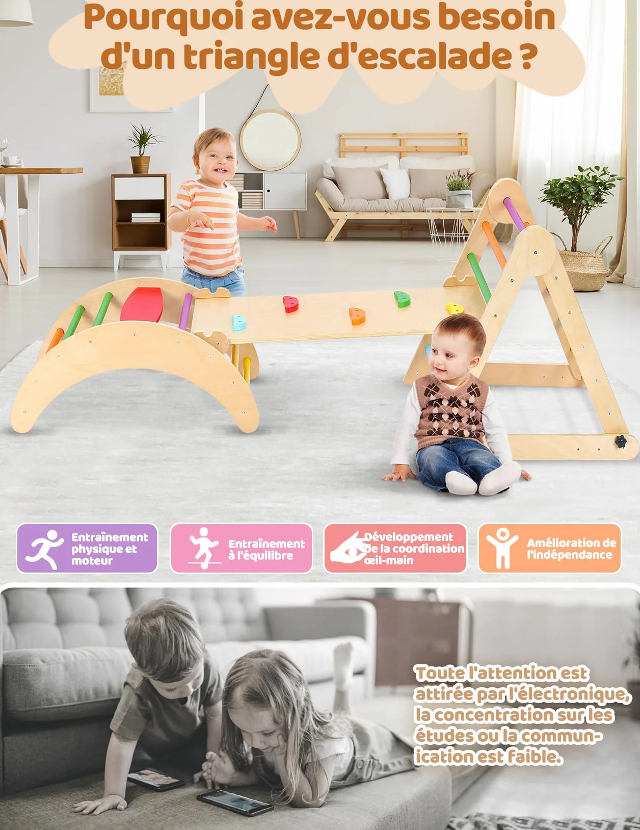 YOLEO Triangle à Grimper Pliant Montessori avec Arche de Toboggan, Aire de Jeux Intérieure pour Enfants 1 an