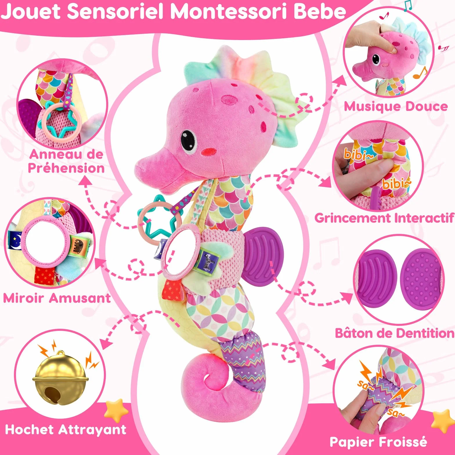 Jouet Bebe 0-12 Mois, Cadeau Naissance Fille Garcon avec Hochet Anneau Dentition Miroir, Jeux Eveil Musical Sensoriel