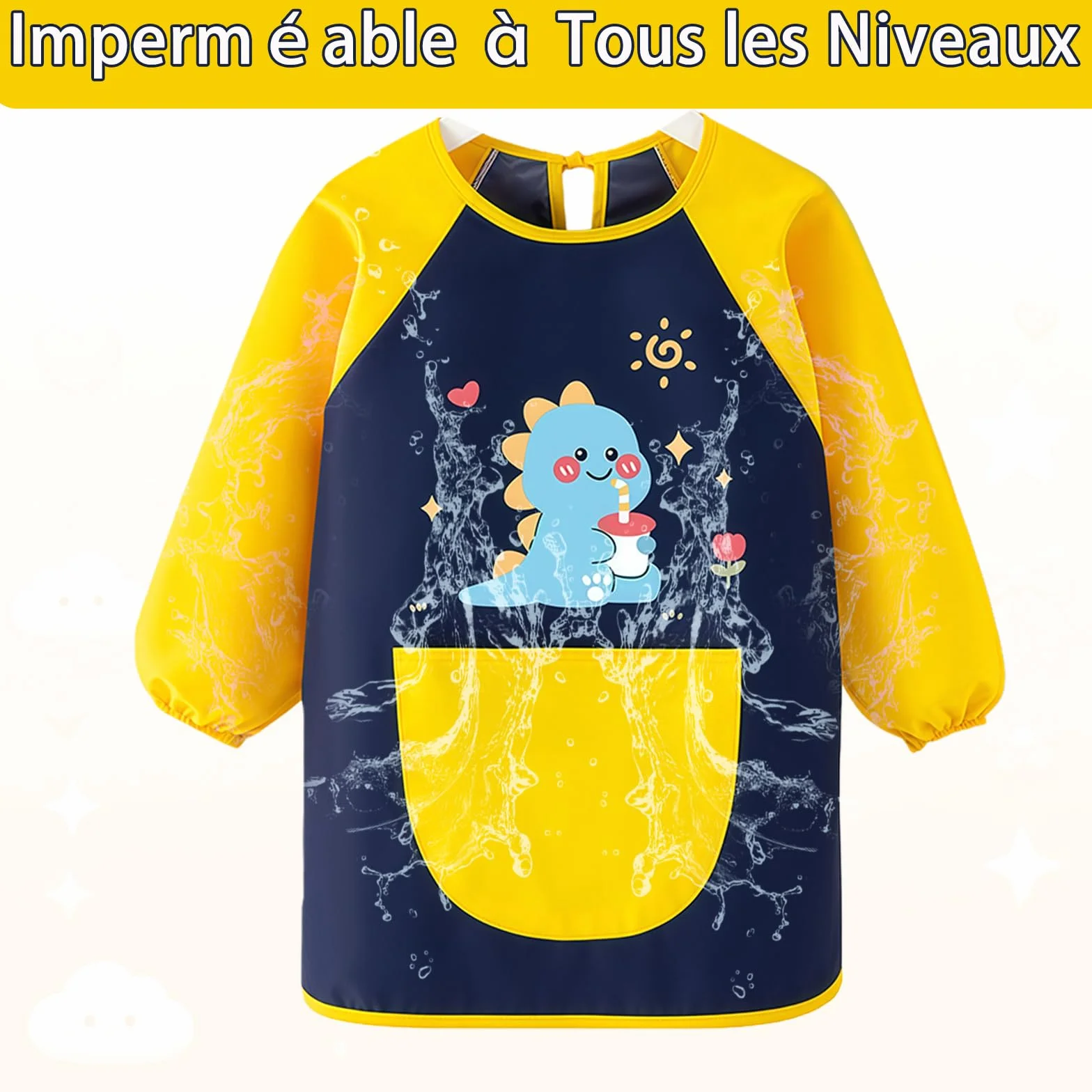 Tablier Peinture Enfant 3-8 Ans Imperméable avec Poches pour École Cuisine Garçon Fille Dinosaure