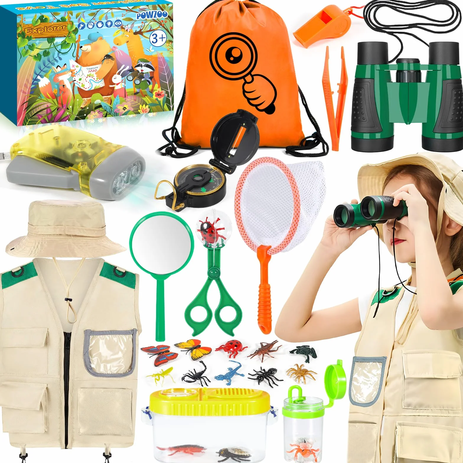 Kit Exploration Enfant 21 pièces Extérieur Jouets Gilet Chapeau Jumelles Boussole Loupe Nature Aventure