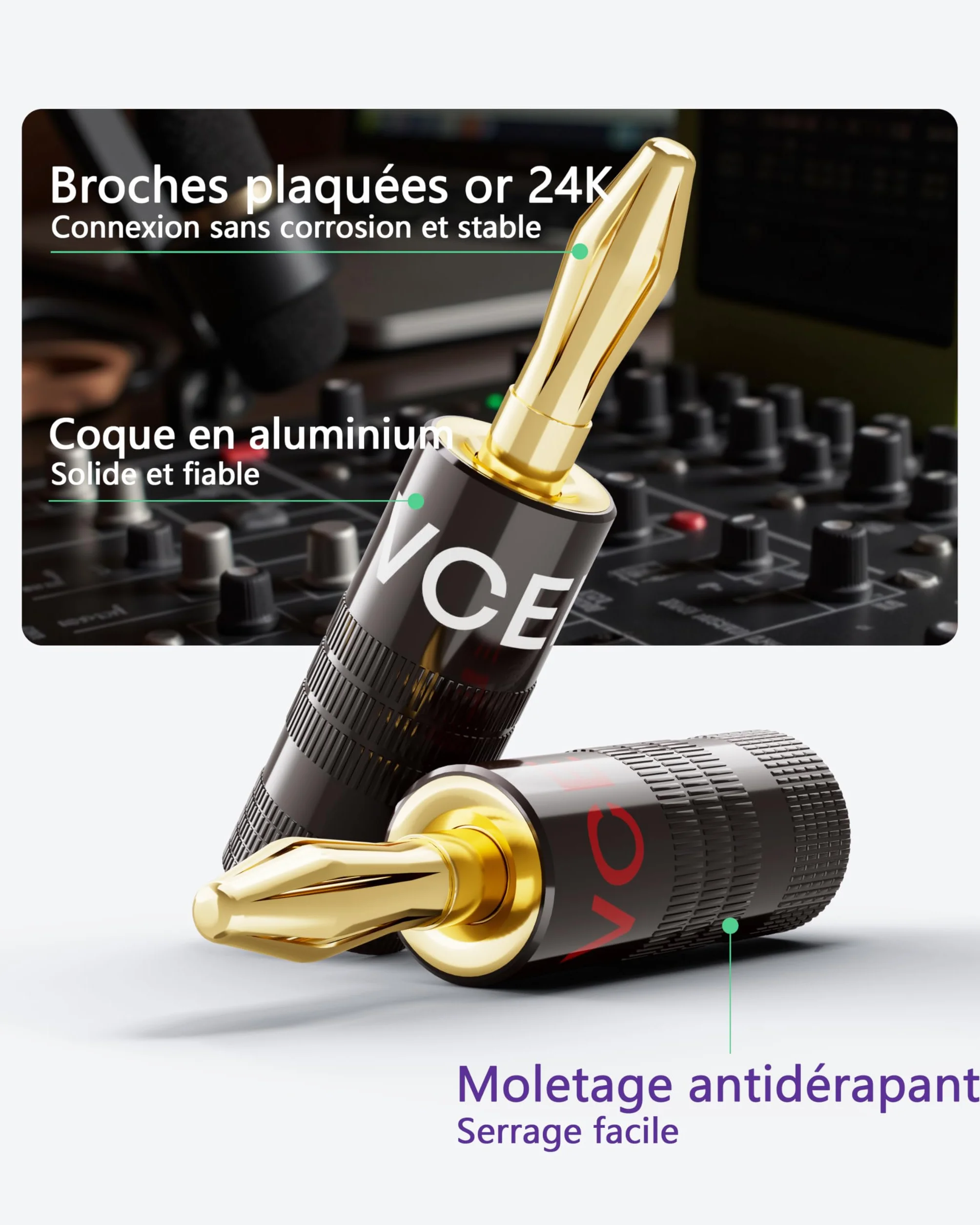 VCELINK Fiches Banane Plaquées Or 24K Double Vis pour HiFi Haut-Parleur Amplificateur 2 Paires