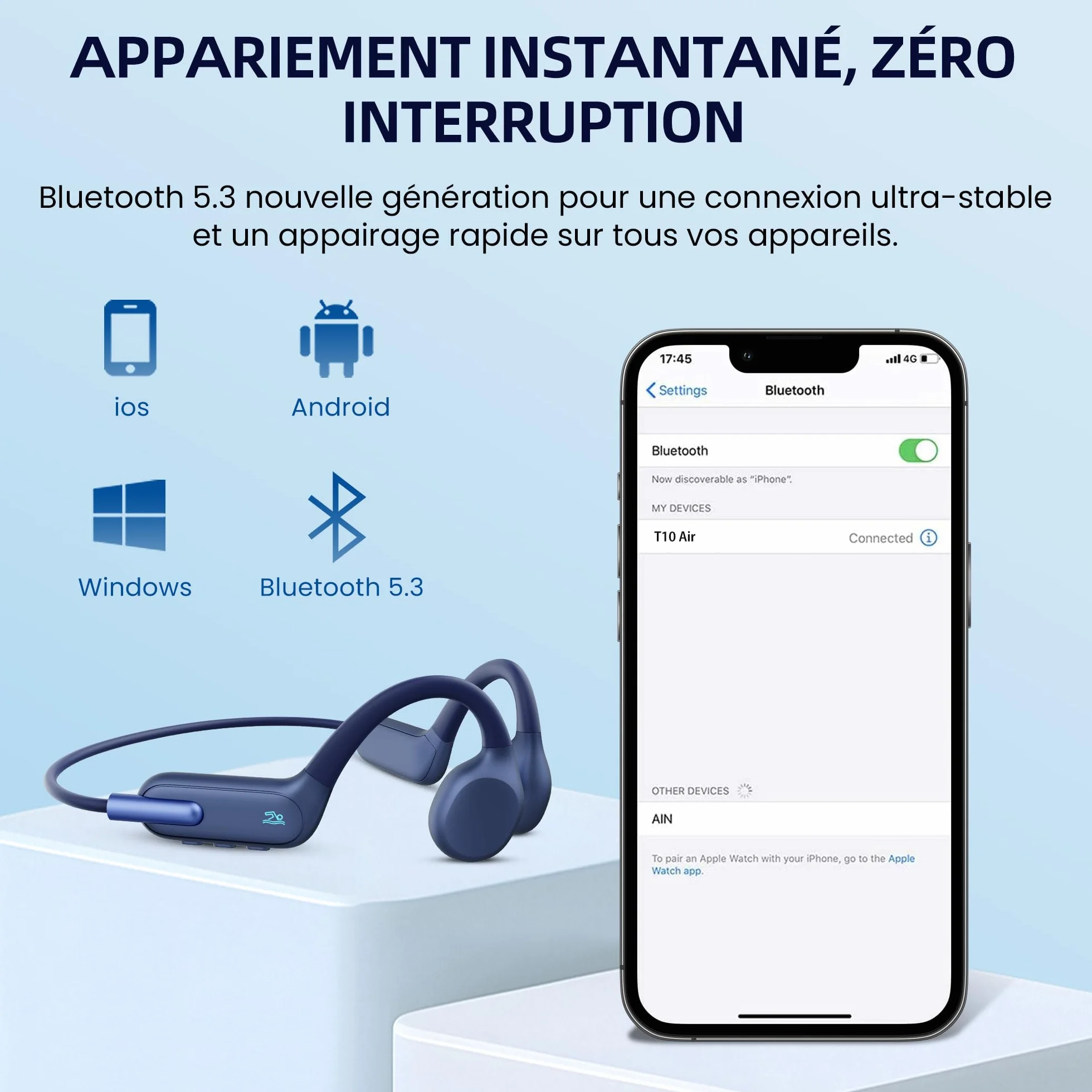 HIFI WALKER Casque Conduction Osseuse Bluetooth 5.3 IPX8 Écouteurs MP3 32 Go Waterproof Natation Sport sans Fil