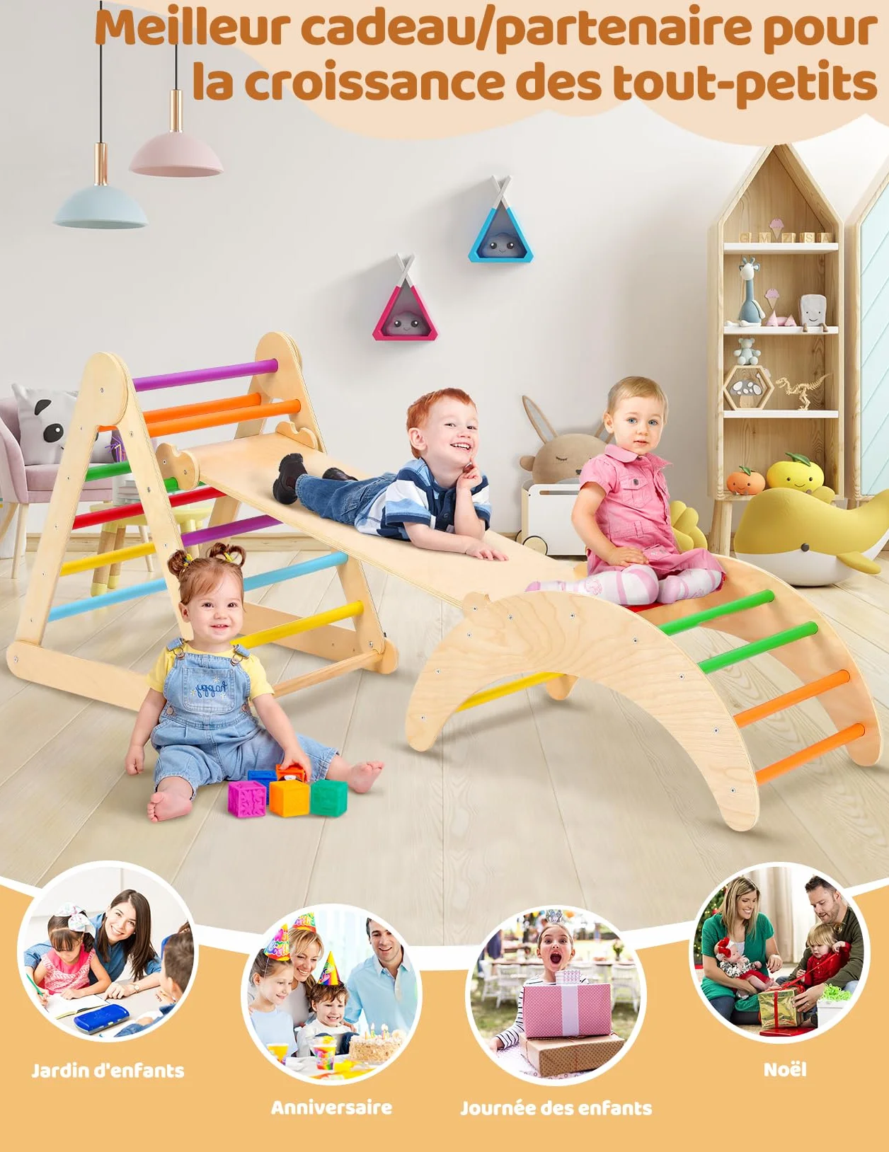 YOLEO Triangle à Grimper Pliant Montessori avec Arche de Toboggan, Aire de Jeux Intérieure pour Enfants 1 an