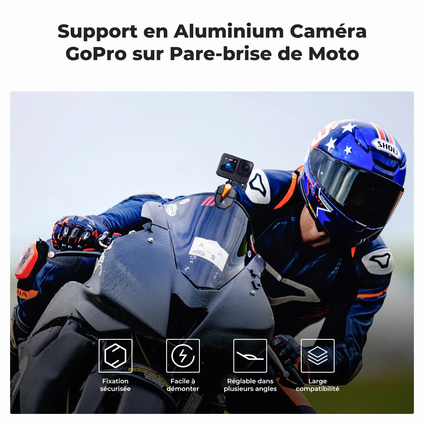 K&F CONCEPT Pince Fixation Pare-Brise Moto Clip Support Aluminium pour Caméra d'Action GoPro DJI Osmo Action 3/4/5 Pro DJI Osmo 360