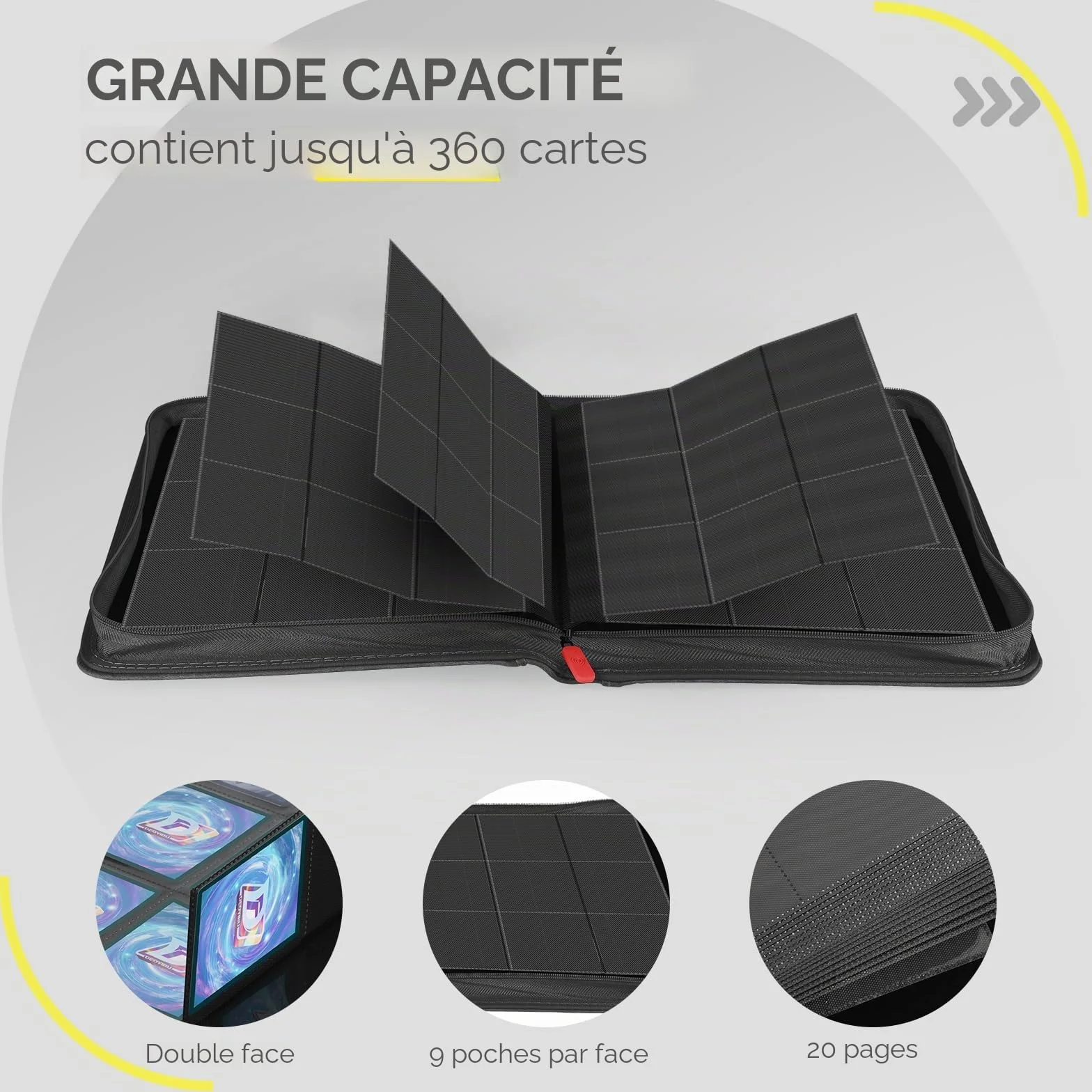 Classeur de cartes 9 poches 360 cartes collectionner album double face fermeture éclair MTG TCG noir