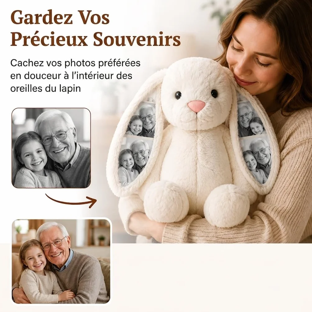 Peluche Lapin Personnalisé avec Photo Coussin Animal pour Femme Couple Cadeau Anniversaire