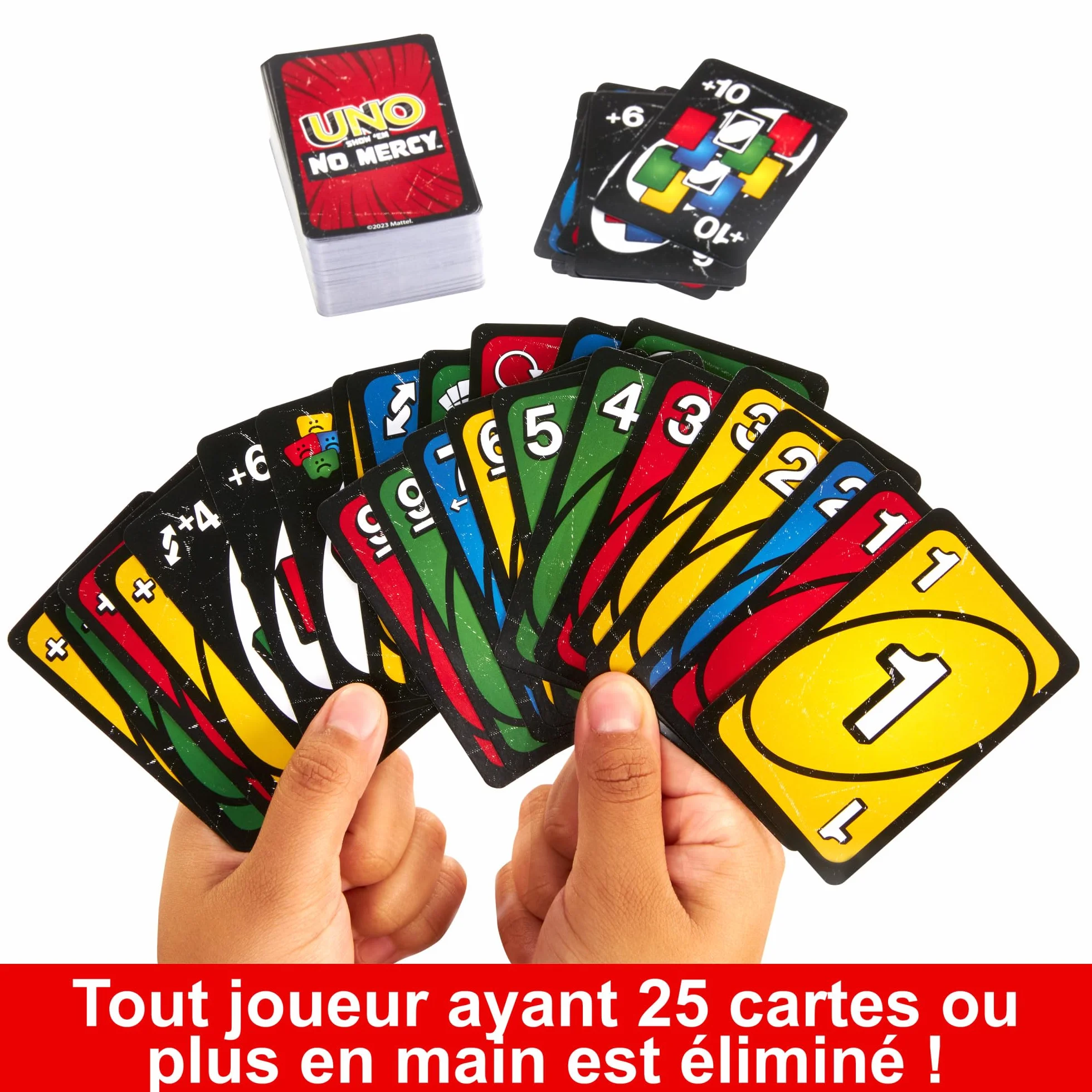 Mattel Games UNO No Mercy Jeu de cartes boîte transport voyage règles spéciales pénalités sévères HXT57
