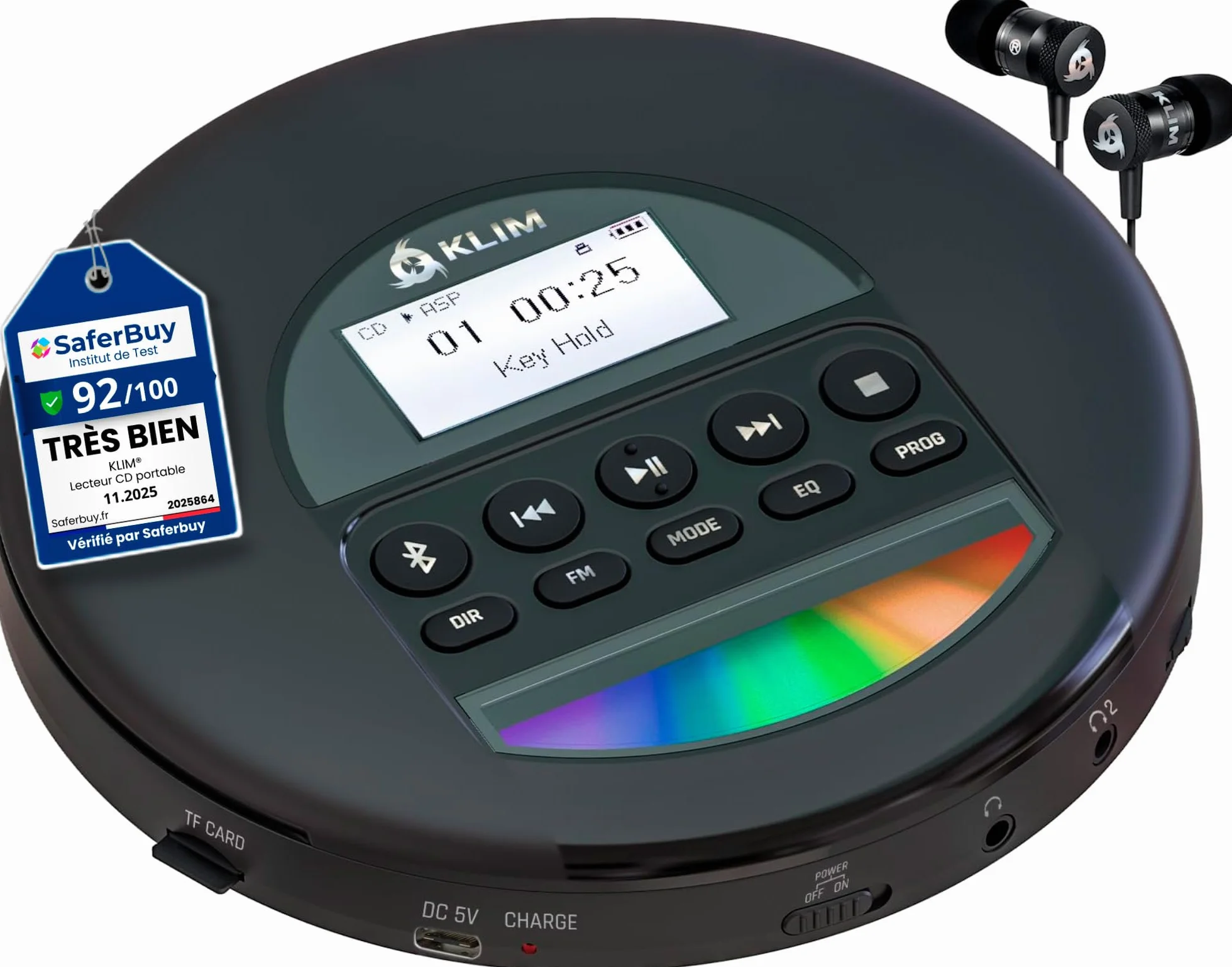 KLIM Nomad Lecteur CD Portable Bluetooth avec Batterie Intégrée Longue Durée - Compatible CD-R, CD-RW, MP3 - Noir