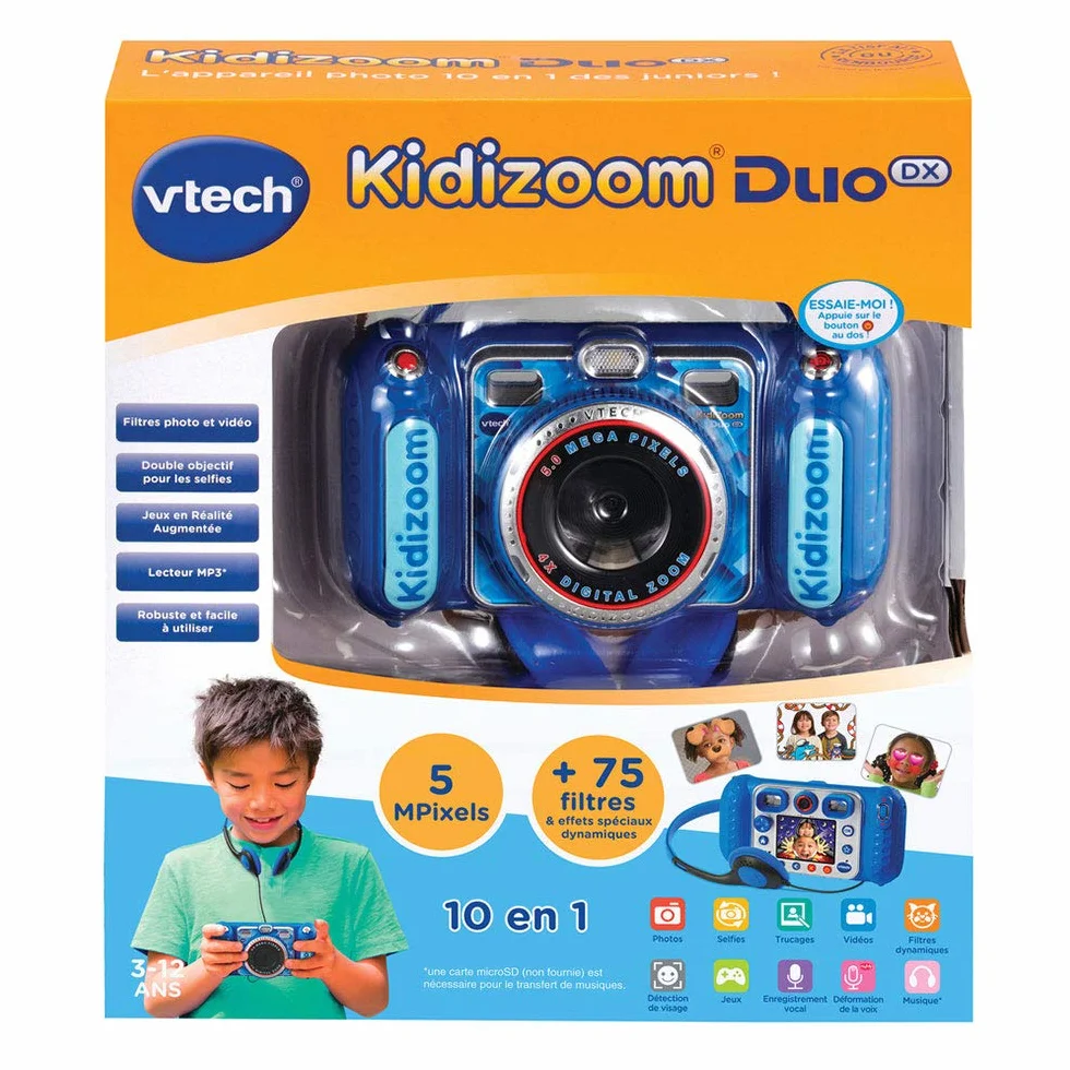 VTech KidiZoom Duo DX Bleu Appareil Photo Numérique Enfant 10 en 1 Photo Selfie Vidéo Écran Couleur Lecteur MP3