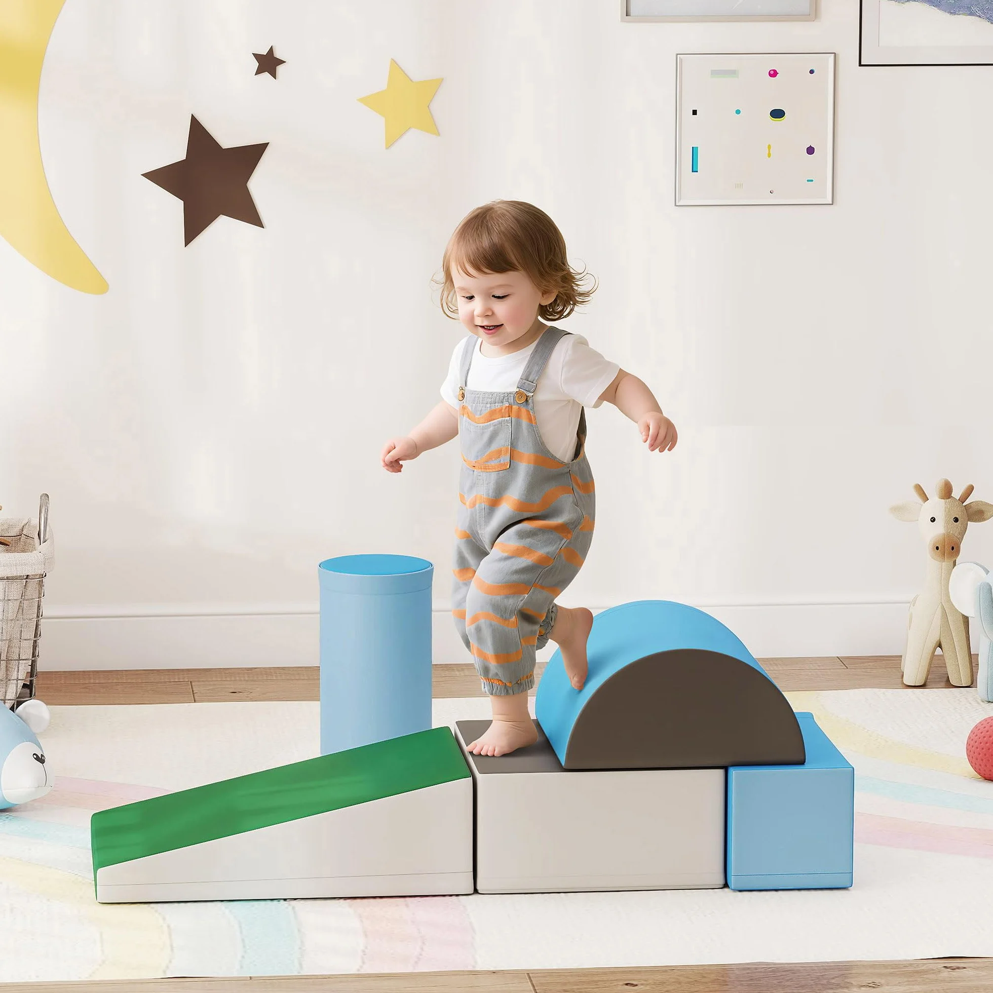 HOMCOM 5PCS Module motricité bébé Parcours motricité bébé Blocs de Construction en Mousse EPE avec Housse en revêtement synthétique