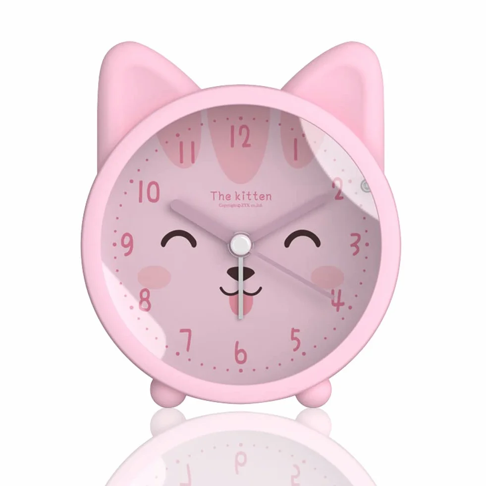 Roadtime Joli réveil-matin animalier pour enfants, horloge lapin/chat/cerf, réveil de bureau silencieux avec rétroéclairage (chat, rose)