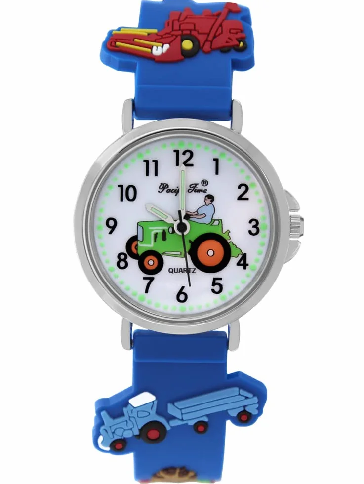 Pacific Time Horloge enfants montre bracelet argenté garçon tracteur ferme analogique quartz bleu