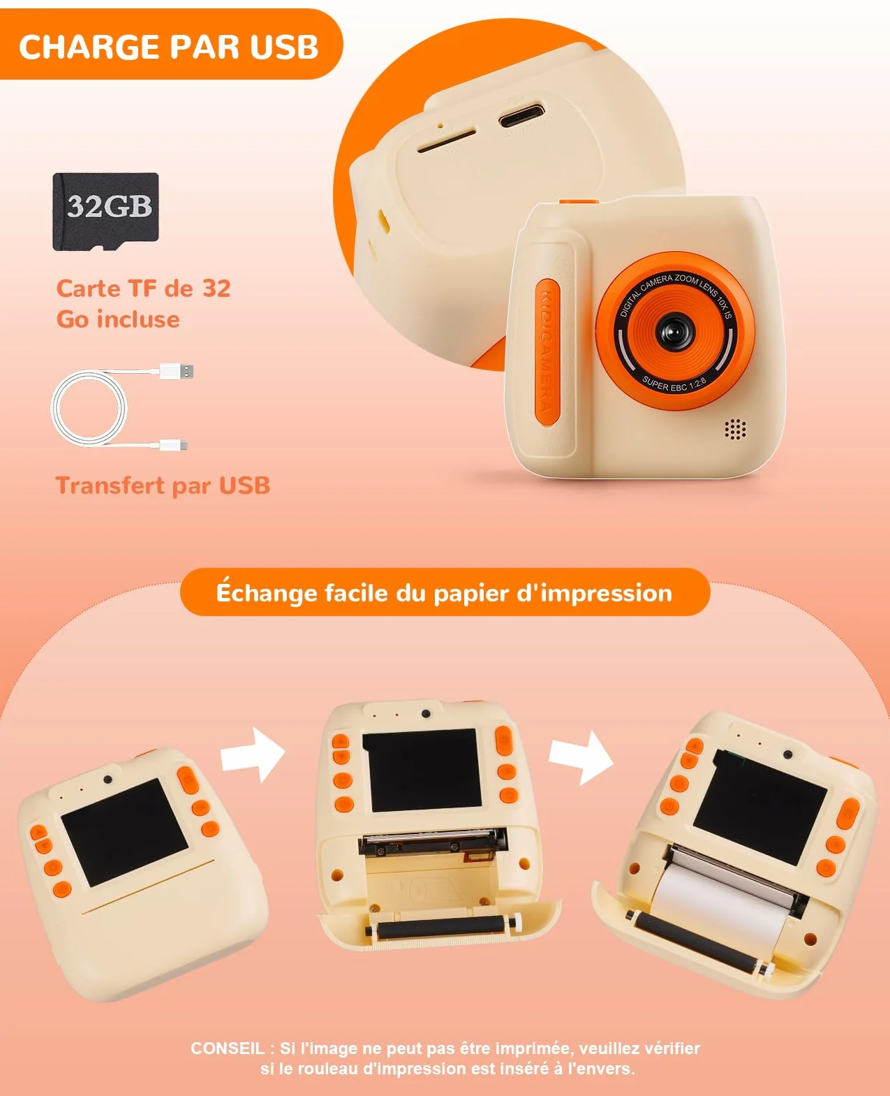 Appareil Photo Instantané Enfants 12MP 1080P Numérique avec Carte 32G et Papier 2,4 Pouces Caméra Jouets Cadeau Garçons Filles 3-12 Ans