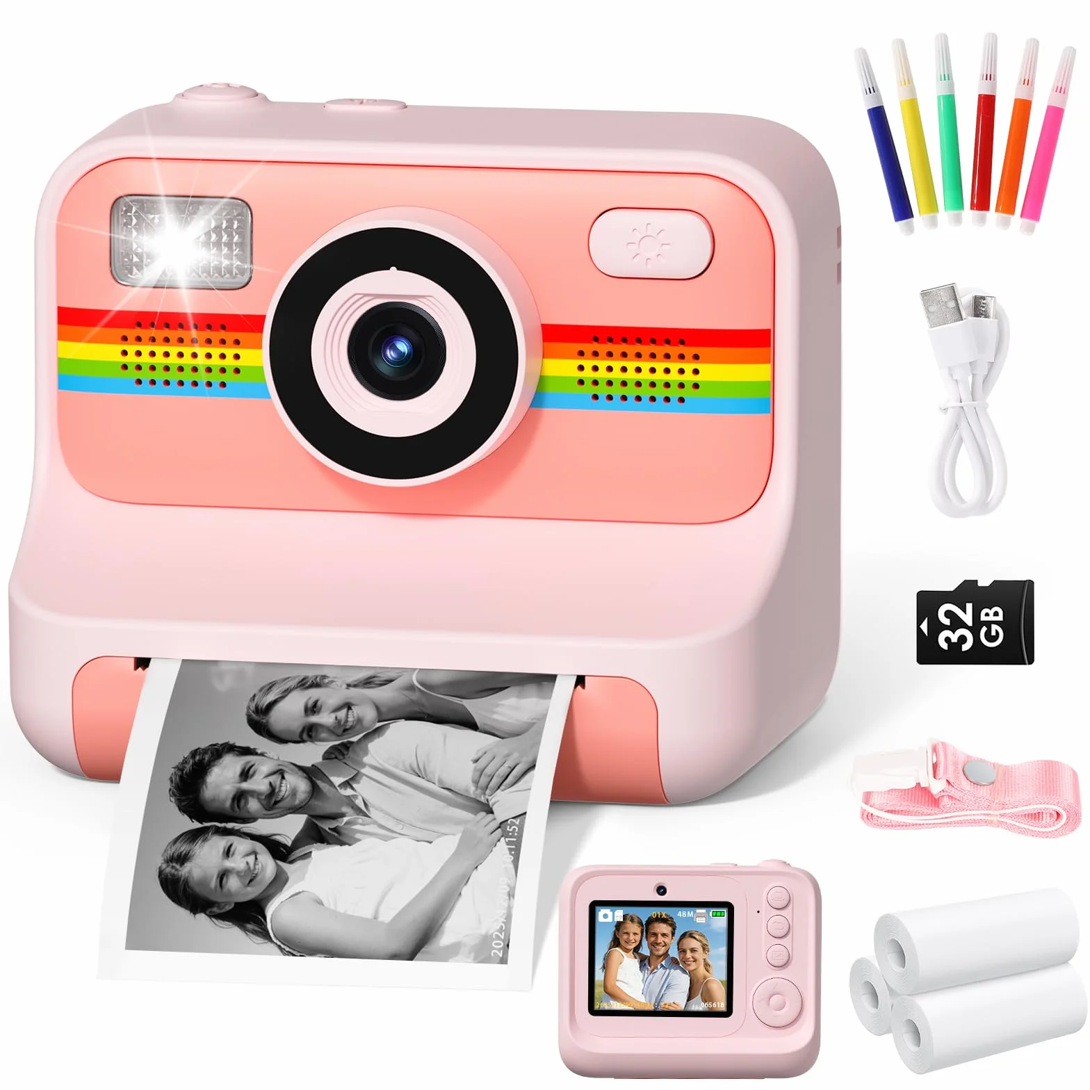 LIORQUE Appareil Photo Instantané Enfant 2.4'' HD 1080p avec Carte 32GB & Papier d'impression Rose