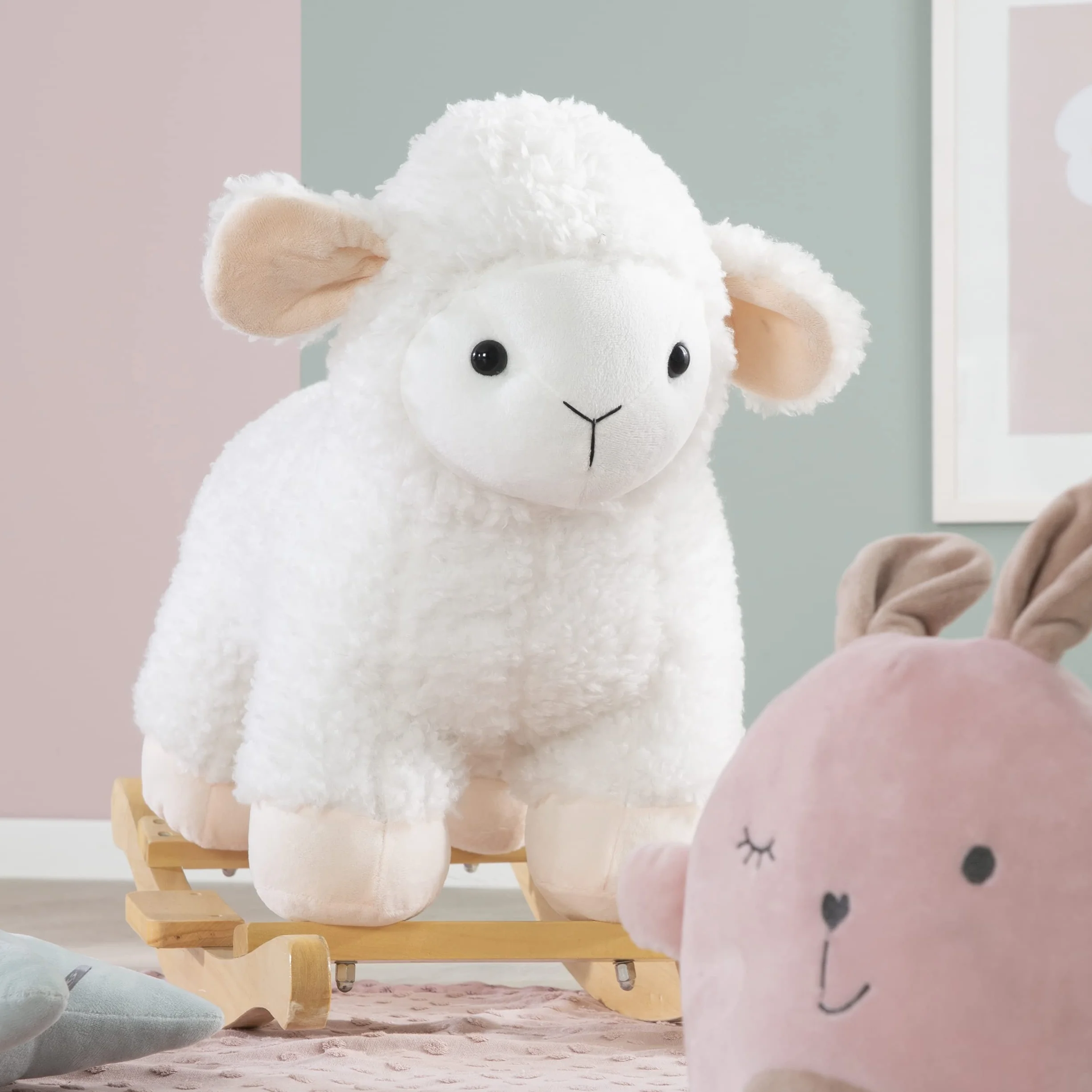 Agneau à Bascule en Bois et Peluche Douce avec Poignées - Aide à Maîtriser l'Équilibre - pour Enfants de 18 Mois à 6 Ans - Supporte 30 kg - Blanc