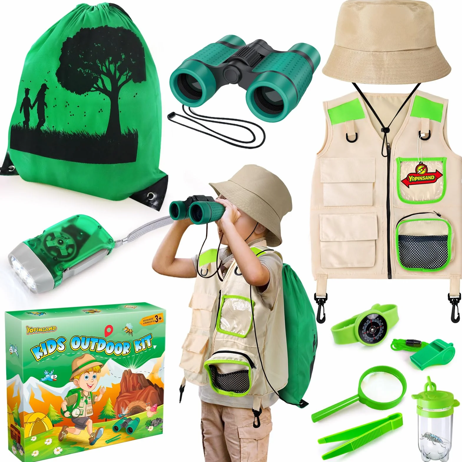 Kit d'exploration pour enfants avec sac à dos, jumelles, gilet et chapeau, jouet de plein air