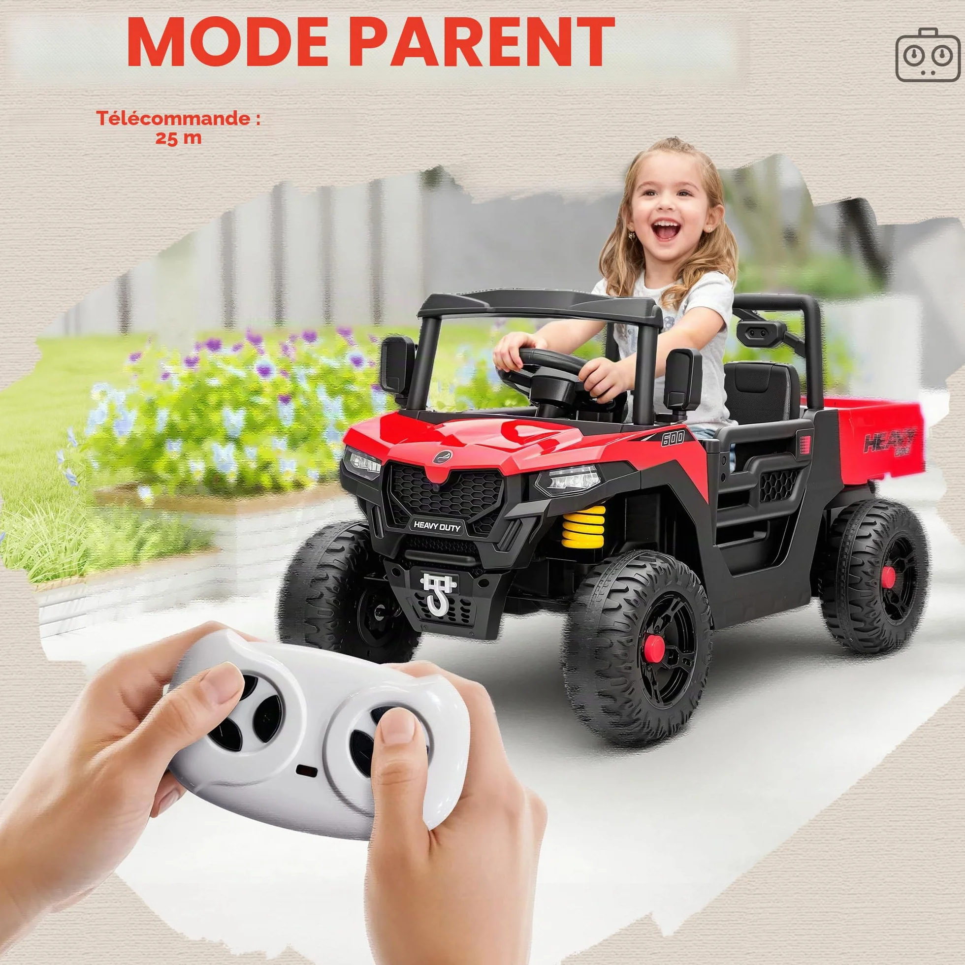 AIYAPLAY UTV 12V Voiture électrique Tout-Terrain pour Enfants avec Coffre à Bagages, 2 Moteurs, Ceinture de sécurité 3 Points, télécommande, Suspension, USB, Musique, lumières, 1,8-3,7 km/h, 3-8 Ans,