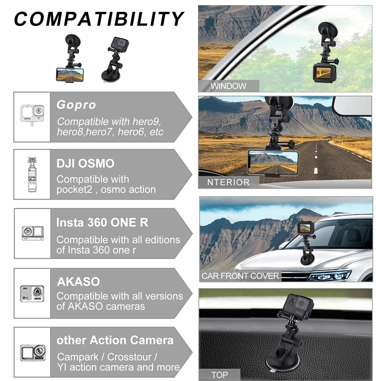 PULUZ Support de Voiture à Ventouse pour GoPro Hero 12,11,10,9,8,7,6,5,4 Max, Fusion - Fenêtres de Bateau et Pare-brises