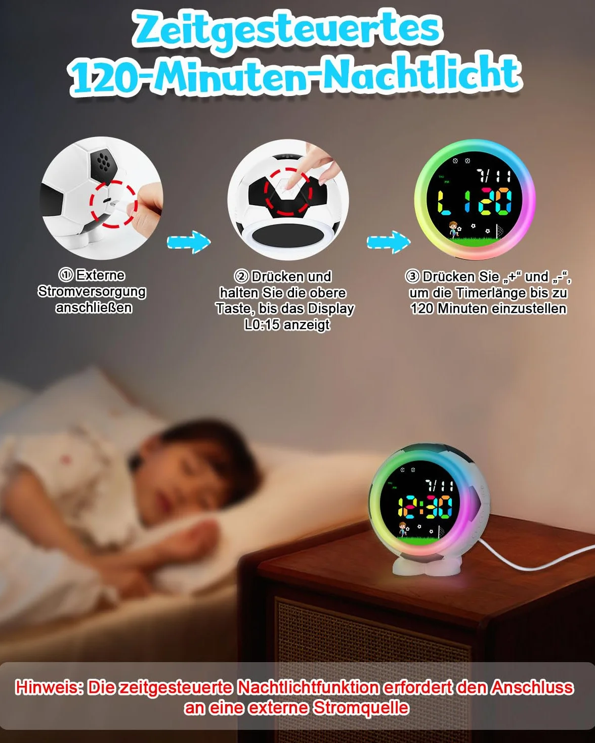 Réveil numérique Football Enfant avec veilleuse Snooze 6 sonneries Double Alarme 12/24h Cadeau garçons Filles