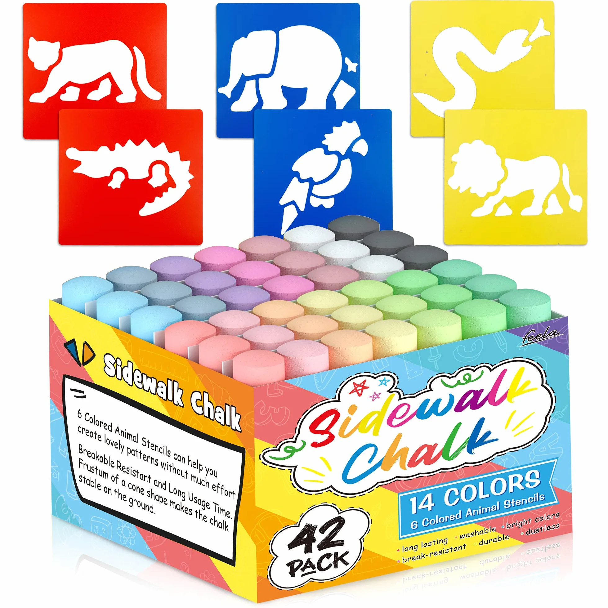 feela 42 PCS Craies de Trottoir, 14 Couleurs Multicolores avec 6 Pochoirs, Craie Extérieure pour Peindre