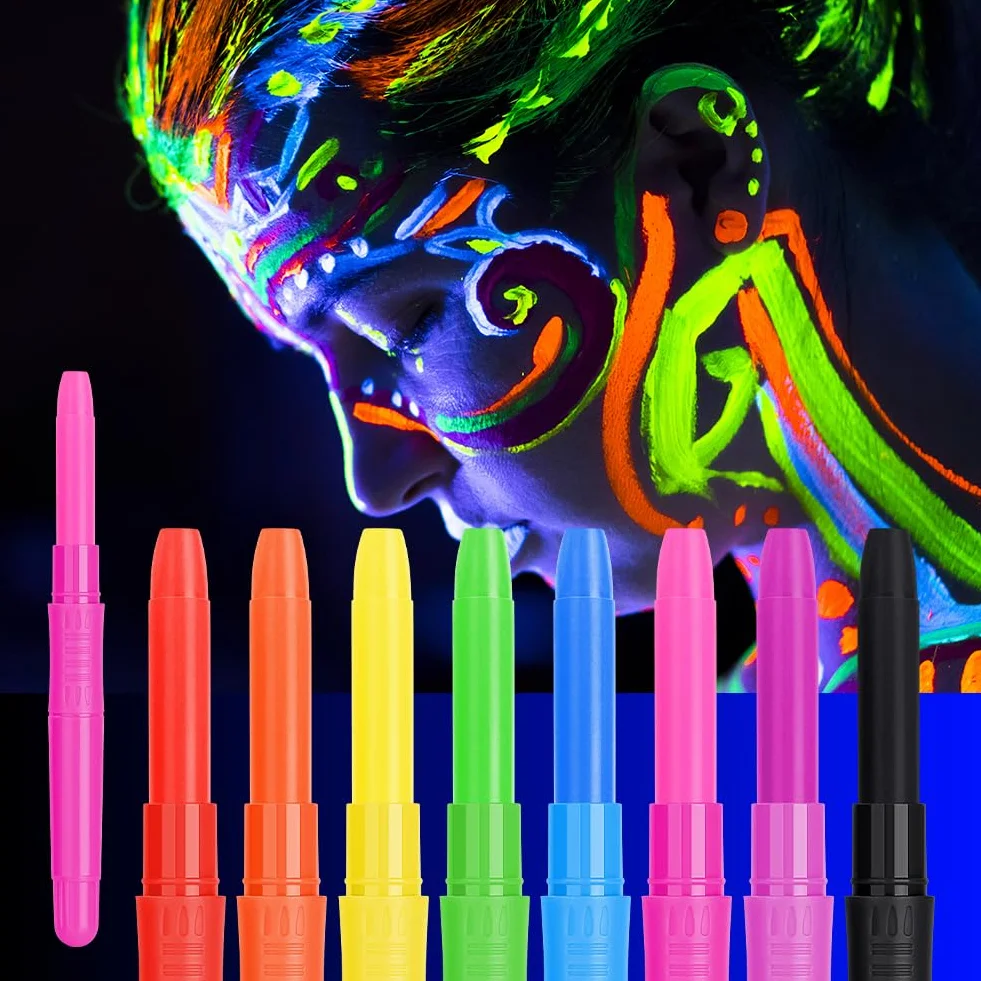 Crayons de Peinture Fluo Fluorescents UV 8PCS, Crayons Lumineux pour Visage Corps Maquillage Enfants Adultes Halloween