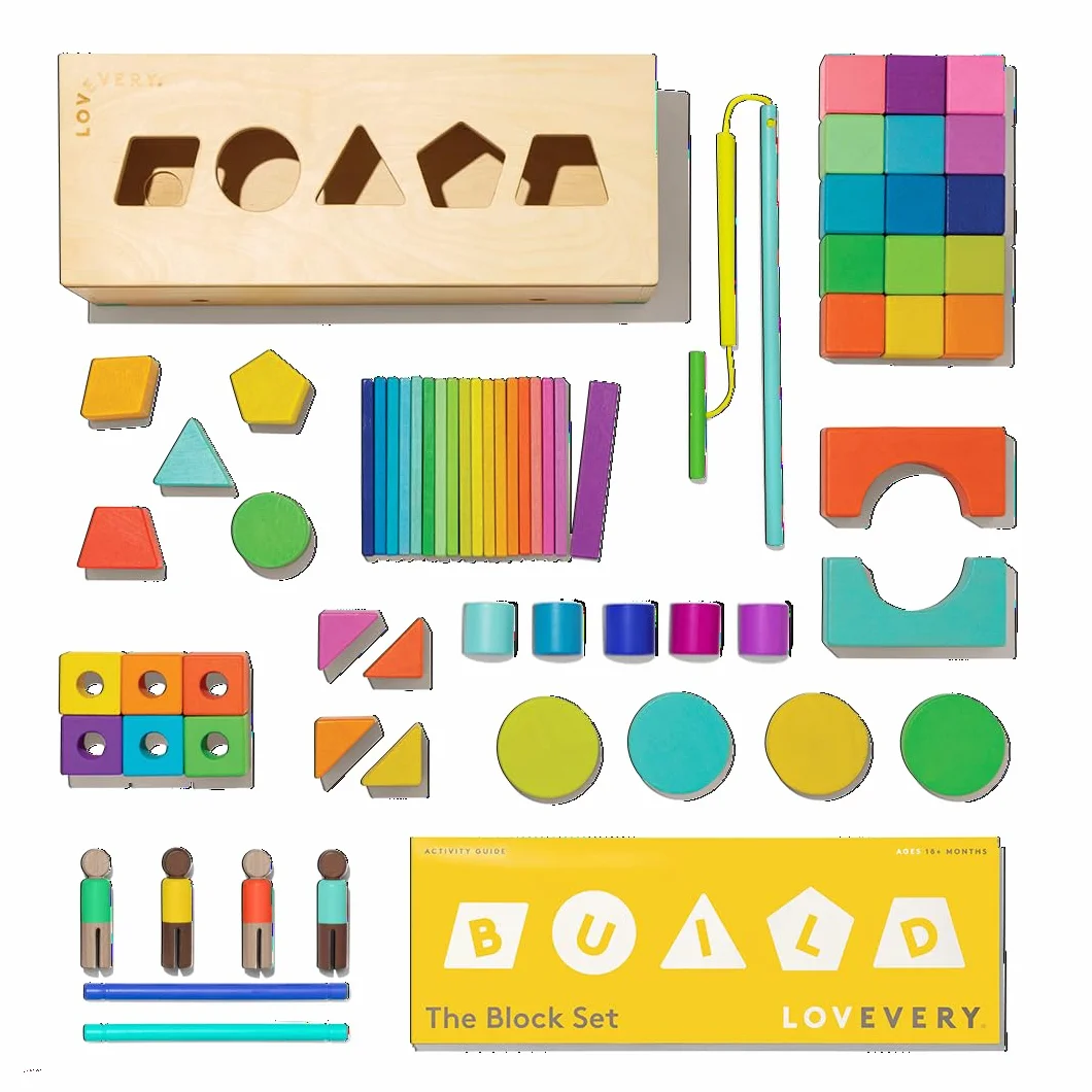 Lovevery Boîte de Cubes en Bois Massif, Blocs Construction Enfants, 18 Formes, Jouets Éducatif STEM