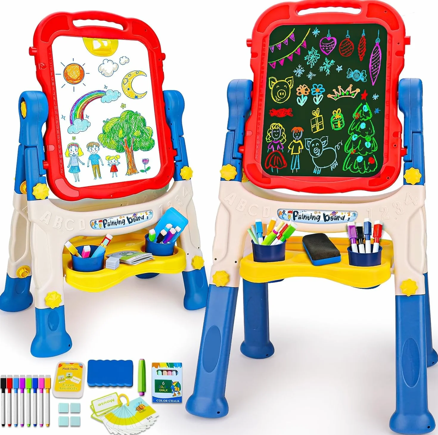 Tableau Enfant Double Face 4 en 1 avec Hauteur Réglable & Rotation 360° Tableau Blanc Noir Magnétique Chevalet Peinture pour Enfants 2-5 Ans (Rouge)