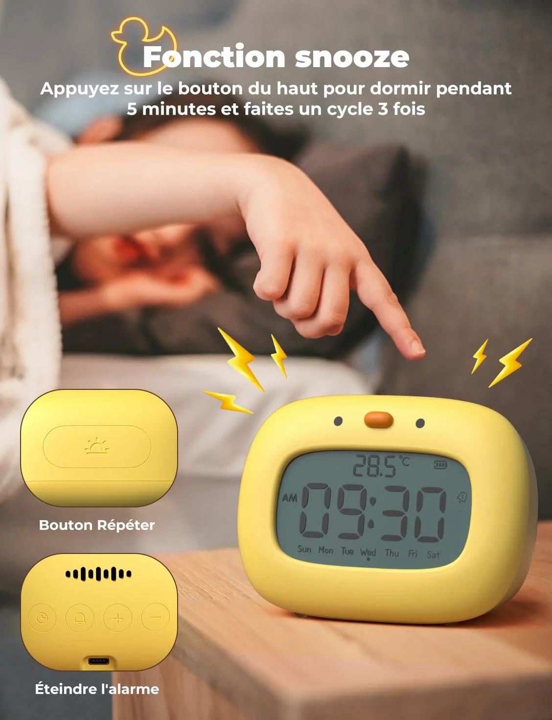 YISSVIC Réveil Enfant Numérique 3 Alarmes 12/24 Heure Snooze Minuterie Affichage Semaine Type C Rechargeable Forme Canard