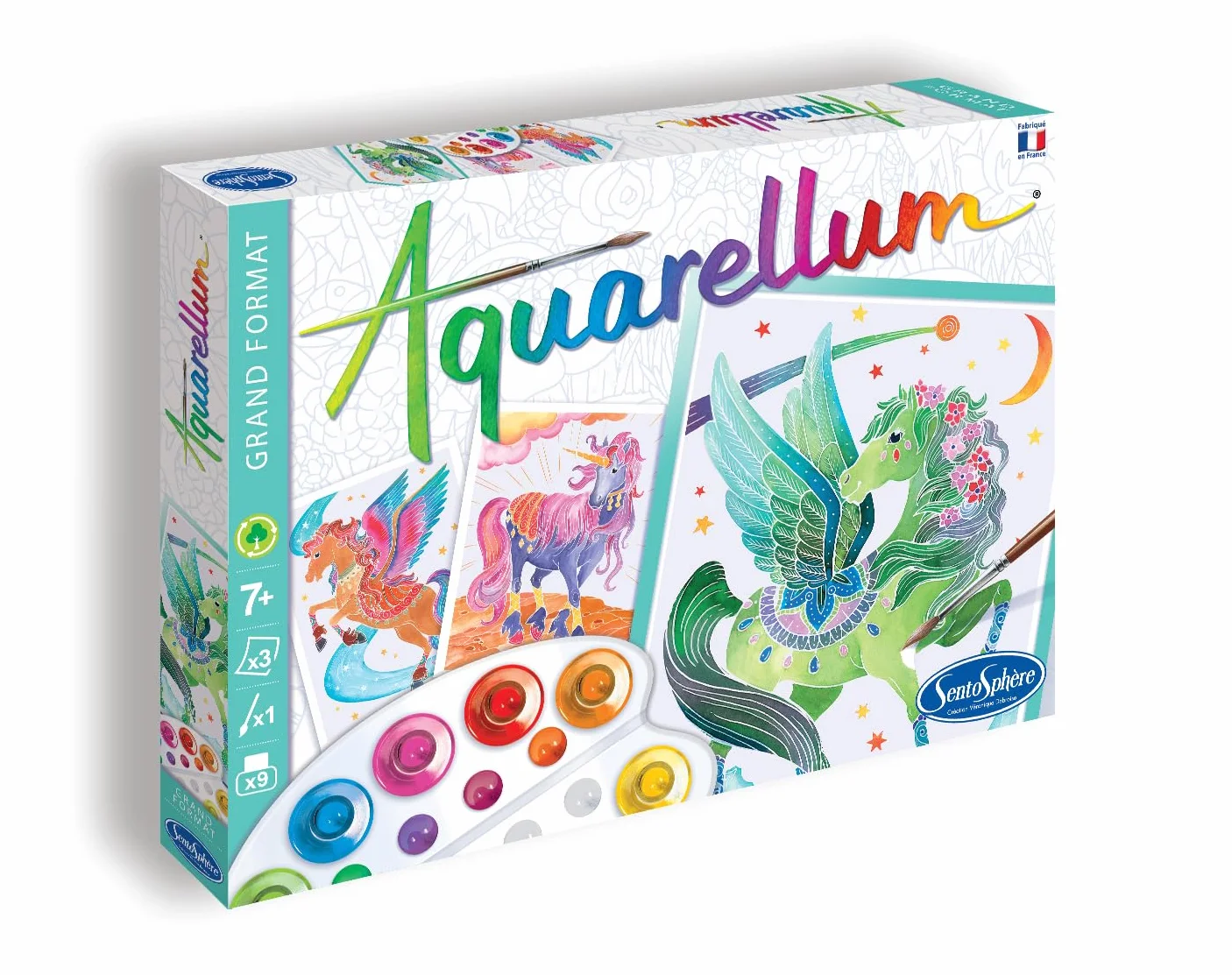 SentoSphère Aquarellum grand format LICORNES ET PEGASES kit peinture aquarellable 3 tableaux 32,5 x 25 cm 9 peintures 7 à 99 ans Fabriqué en France