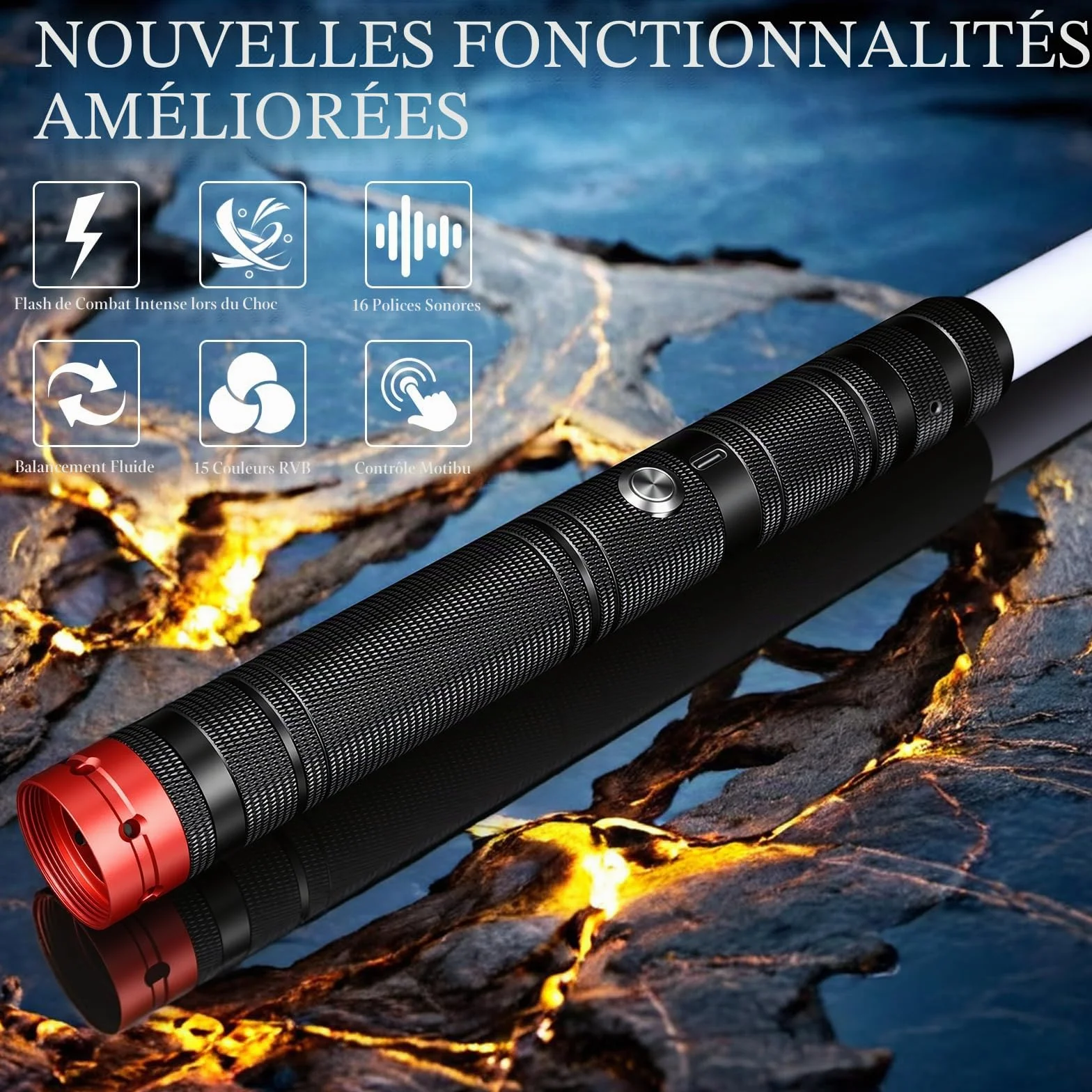 Sabre Laser Enfants RGB 15 Couleurs Rechargeable Effets Sonores FX Poignée Alliage Aluminium 2 Pièces