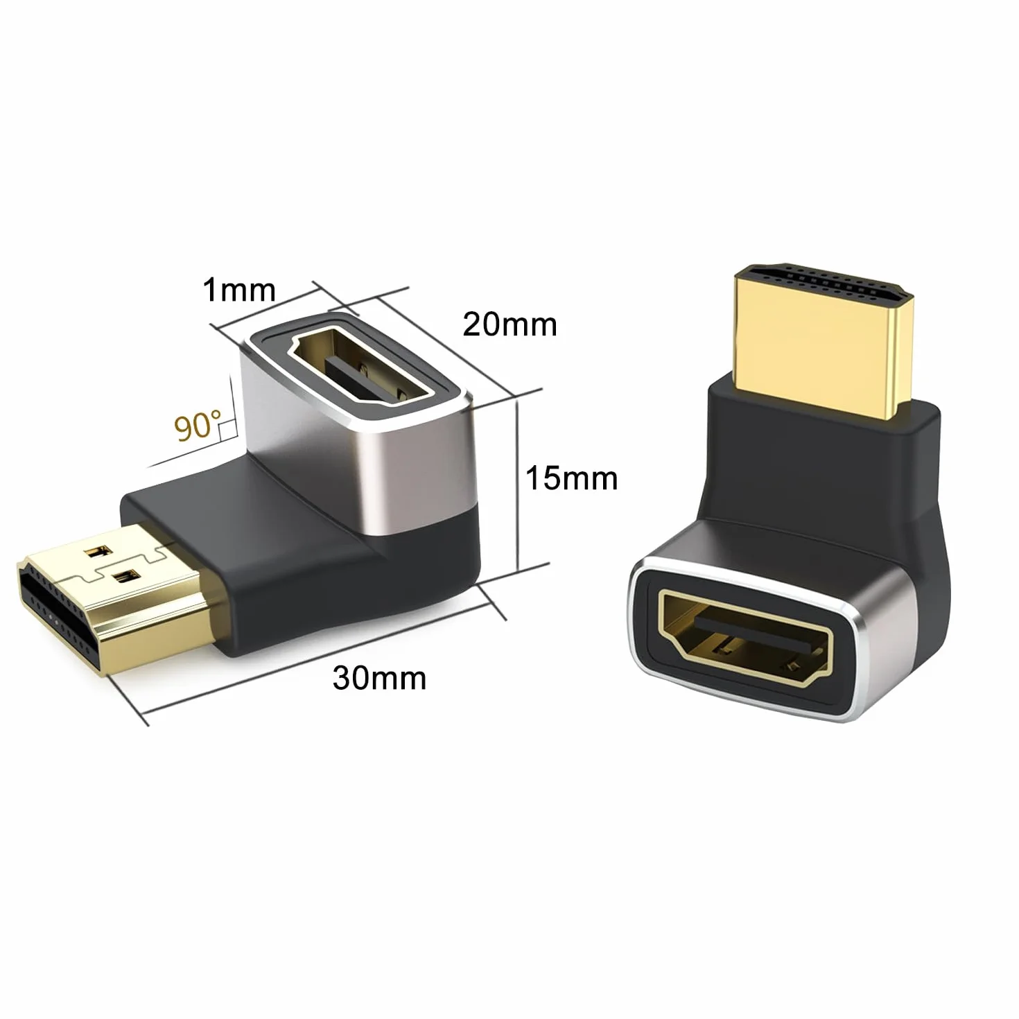 Adaptateur HDMI Coudé 8K 2.1, Rallonge HDMI Mâle Femelle Angle Droit 90° et 270° Plaqué Or