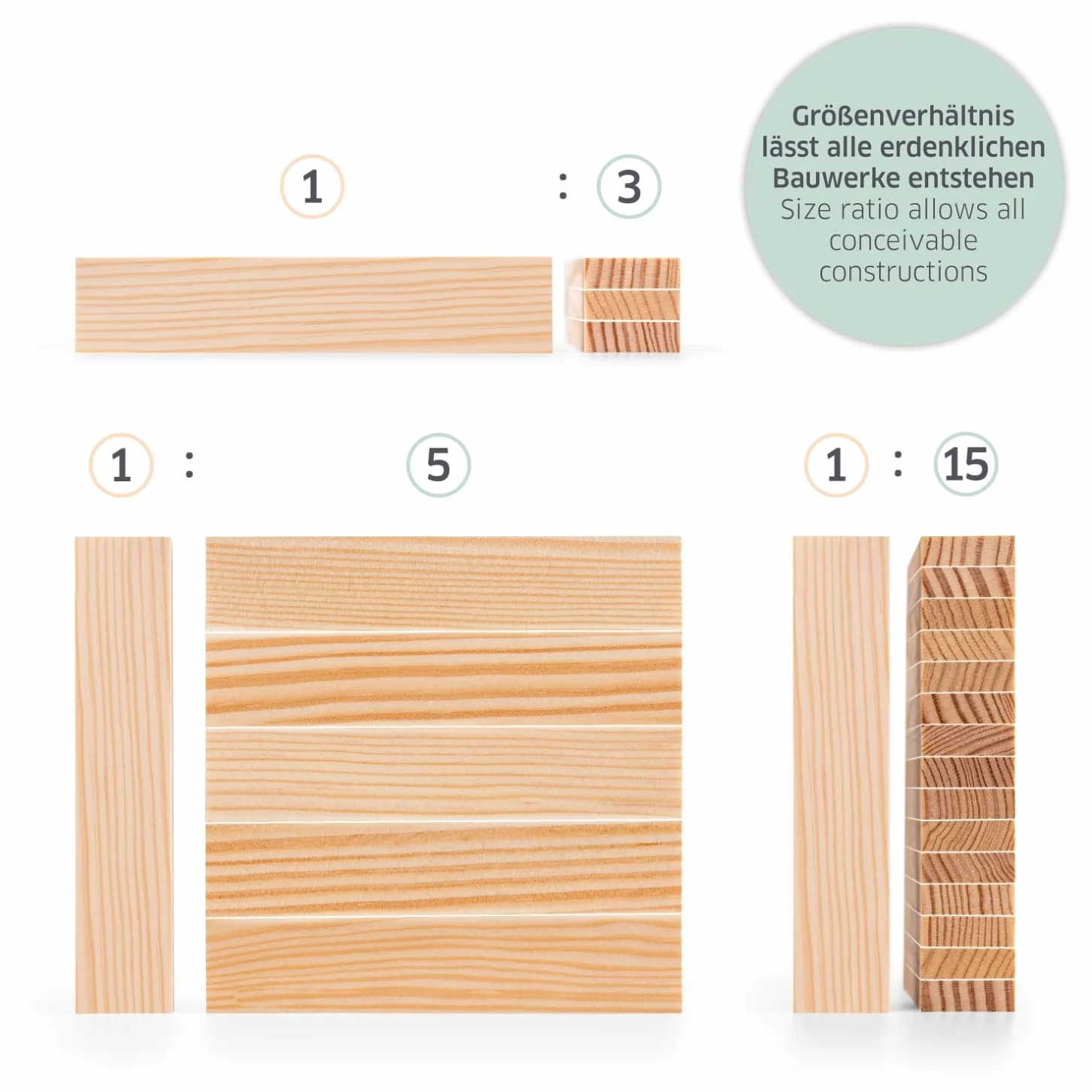 Jeux de Construction en Bois 220 Planchettes Pin Non Traité Cubes à Empiler Enfant