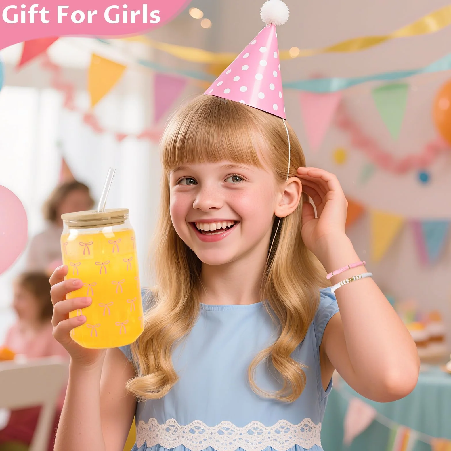 Cadeau anniversaire fille 9-15 ans avec verre paille couvercle pinceau maquillage porte-clés trousse cosmétiques bracelet 5 en 1