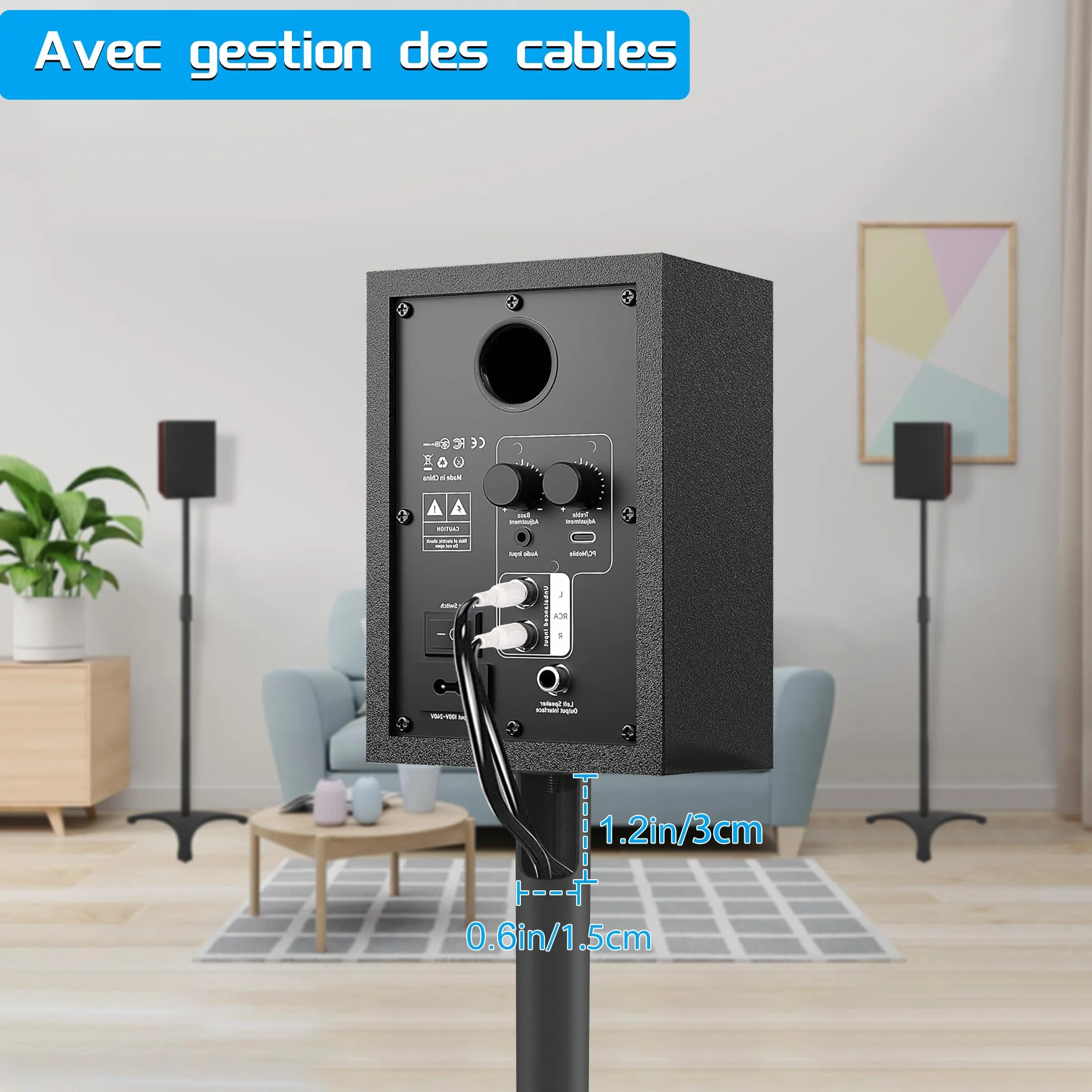 OUUTMEE Supports d'Enceinte Réglable en Hauteur, Pieds d'Enceintes Universel avec Base Triangulaire et Gestion des Câbles