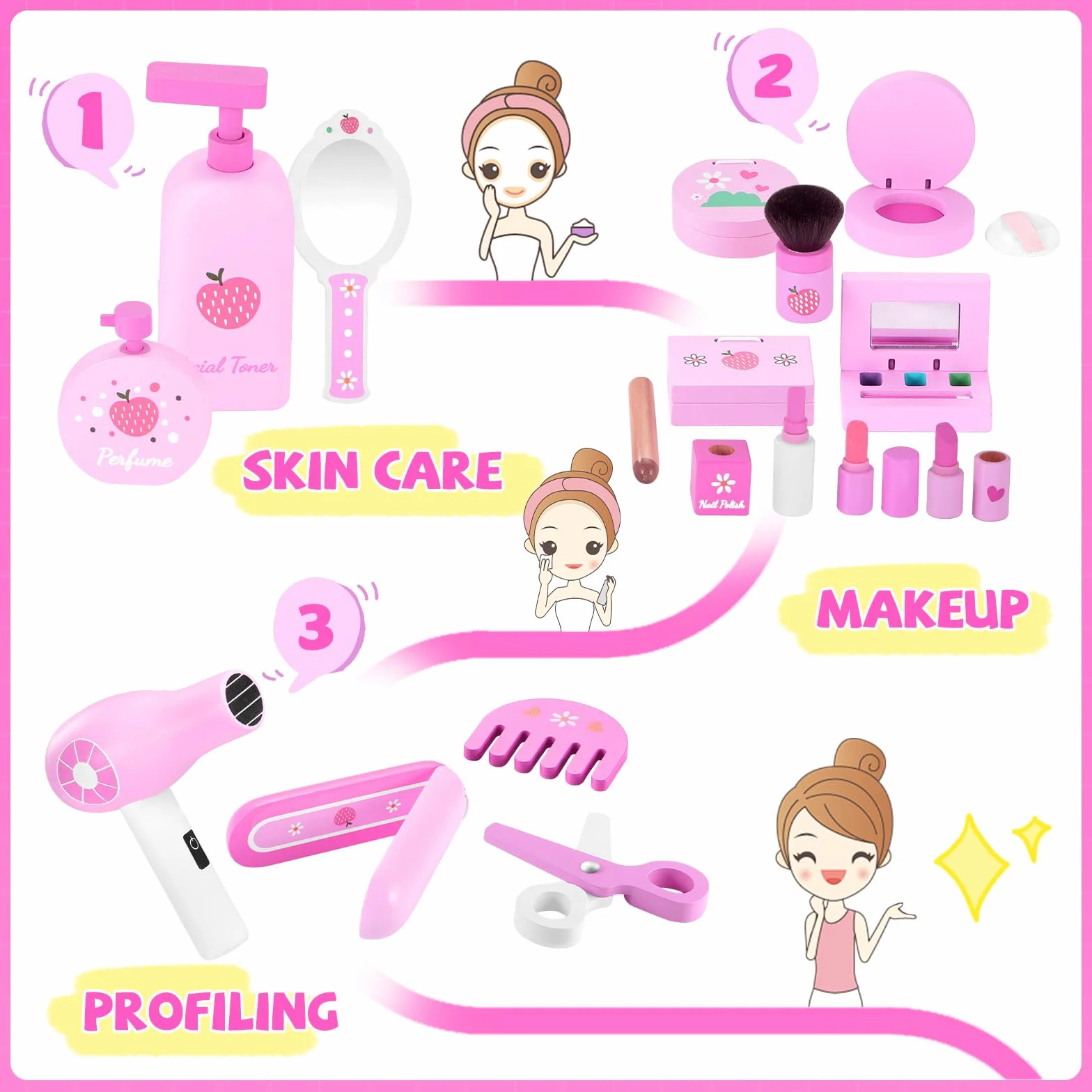 GAGAKU Set de Maquillage en Bois pour Enfants Montessori Jouets Makeup avec Sèche-Cheveux Miroir