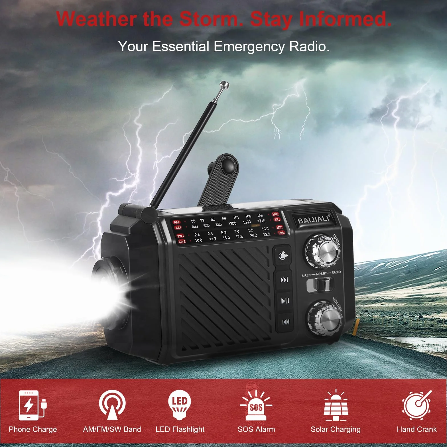 Radio de Survie à Manivelle avec Power Bank 2600mAh, Radio Solaire Dynamo AM/FM/OC, Lampe Torche SOS Rechargeable USB - Noir