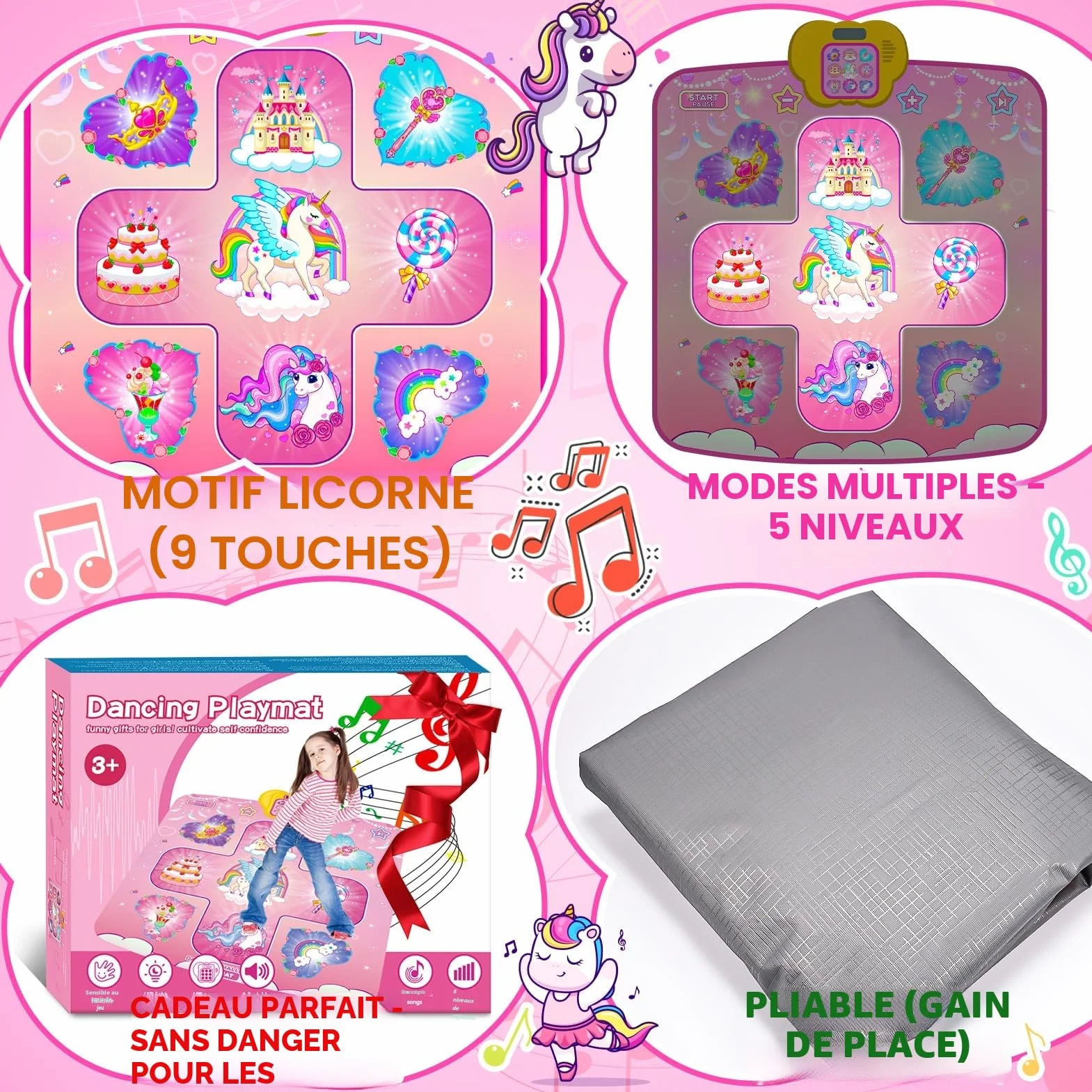 Tapis de Danse Licorne pour Filles 2-8 Ans, 5 Niveaux de Danse, Cadeau Anniversaire Noël