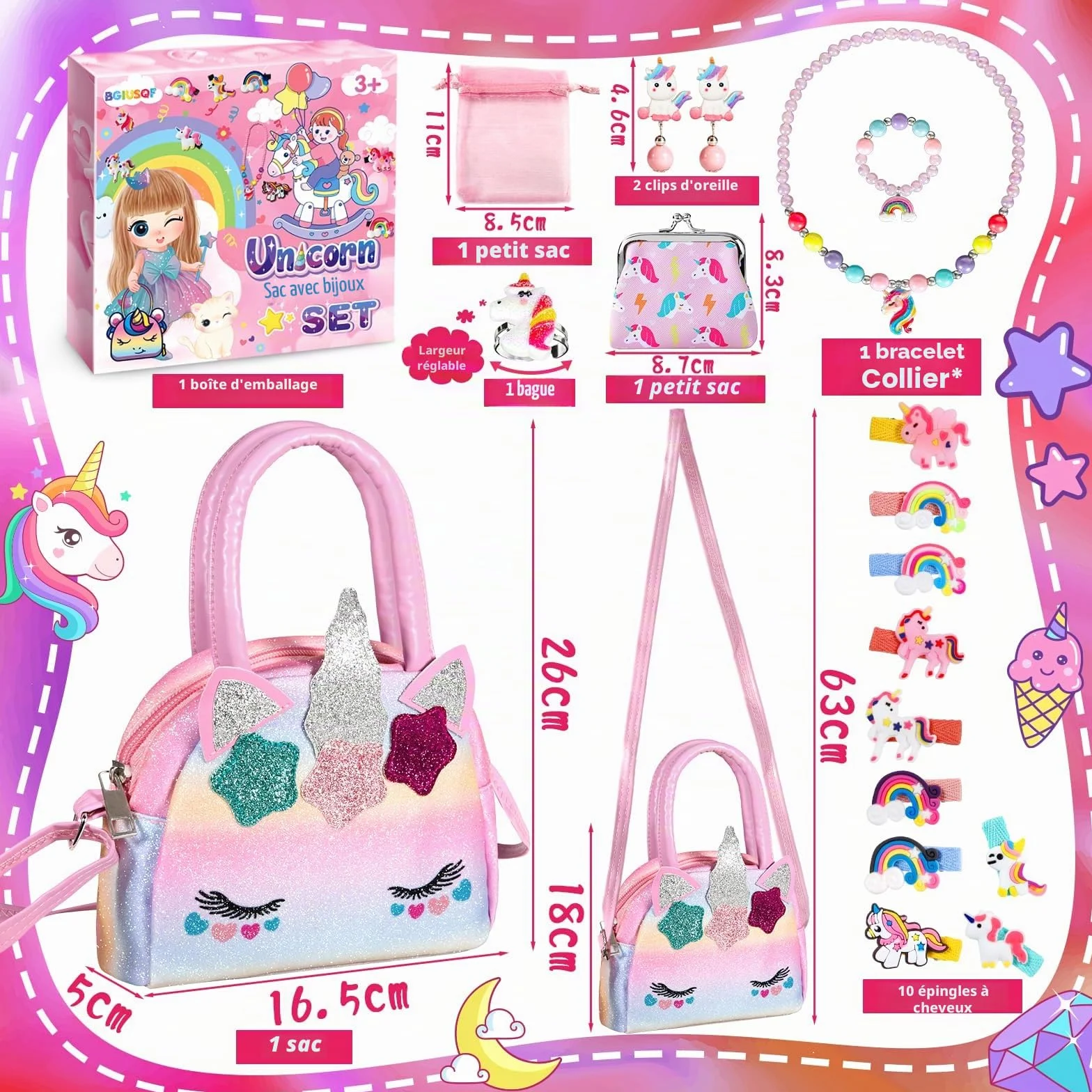 Licorne Sac à Main Bijoux Enfants Fille, Bagues, Boucles d'oreilles, Colliers, Bracelets, Épingles à Cheveux pour 1-6 Ans
