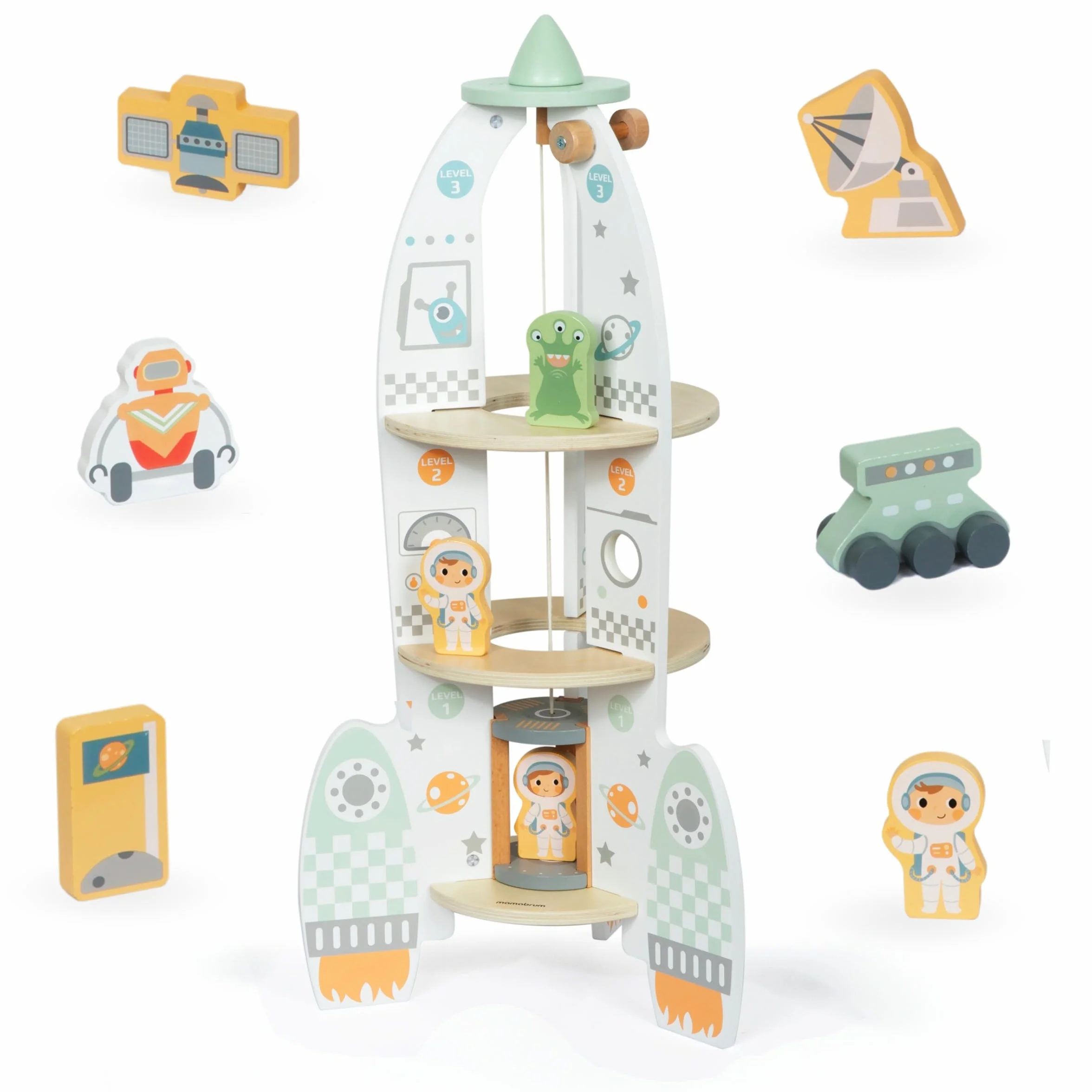 mamabrum Fusée Spatiale en Bois XXL - Jouet 3 Ans et Plus avec Ascenseur, 2 Astronautes, Robot, Extraterrestre - 60cm Hauteur - Centre de Contrôle et Salle Machines