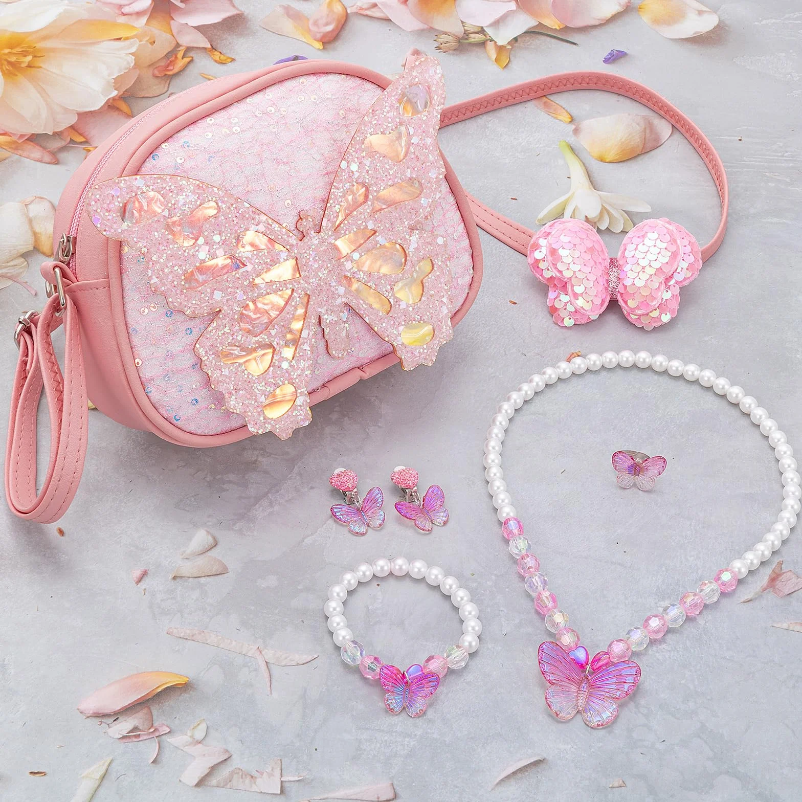 Sac à Main Bijoux Enfants Fille Papillon Colliers Bracelets Boucles d'oreilles Bagues Épingles à Cheveux avec Sac Bandoulière Princesse Accessoires Cadeaux de fête