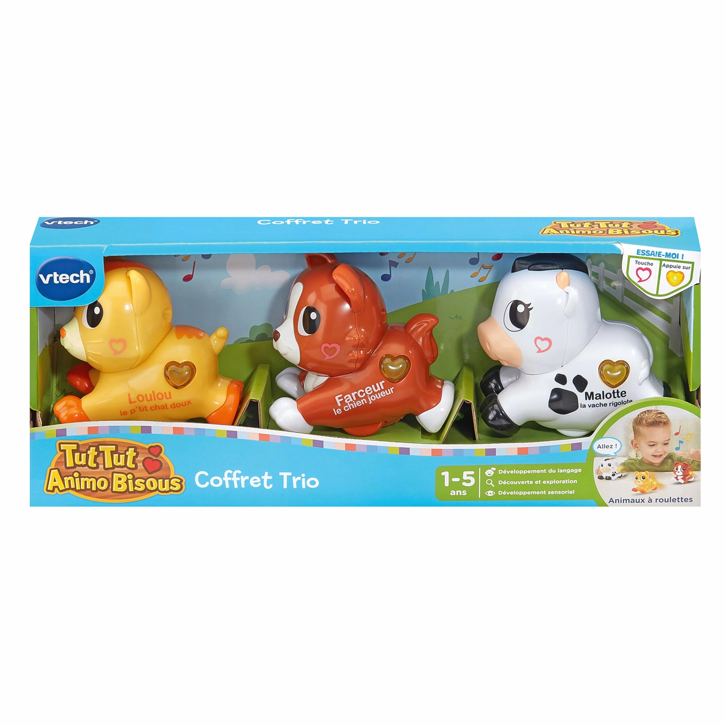 VTech Tut Tut Animo Bisous Coffret Trio 3 Animaux Interactifs à roulettes Chat Chien Vache Jouets Musicaux Cadeau Enfant 1-5 Ans