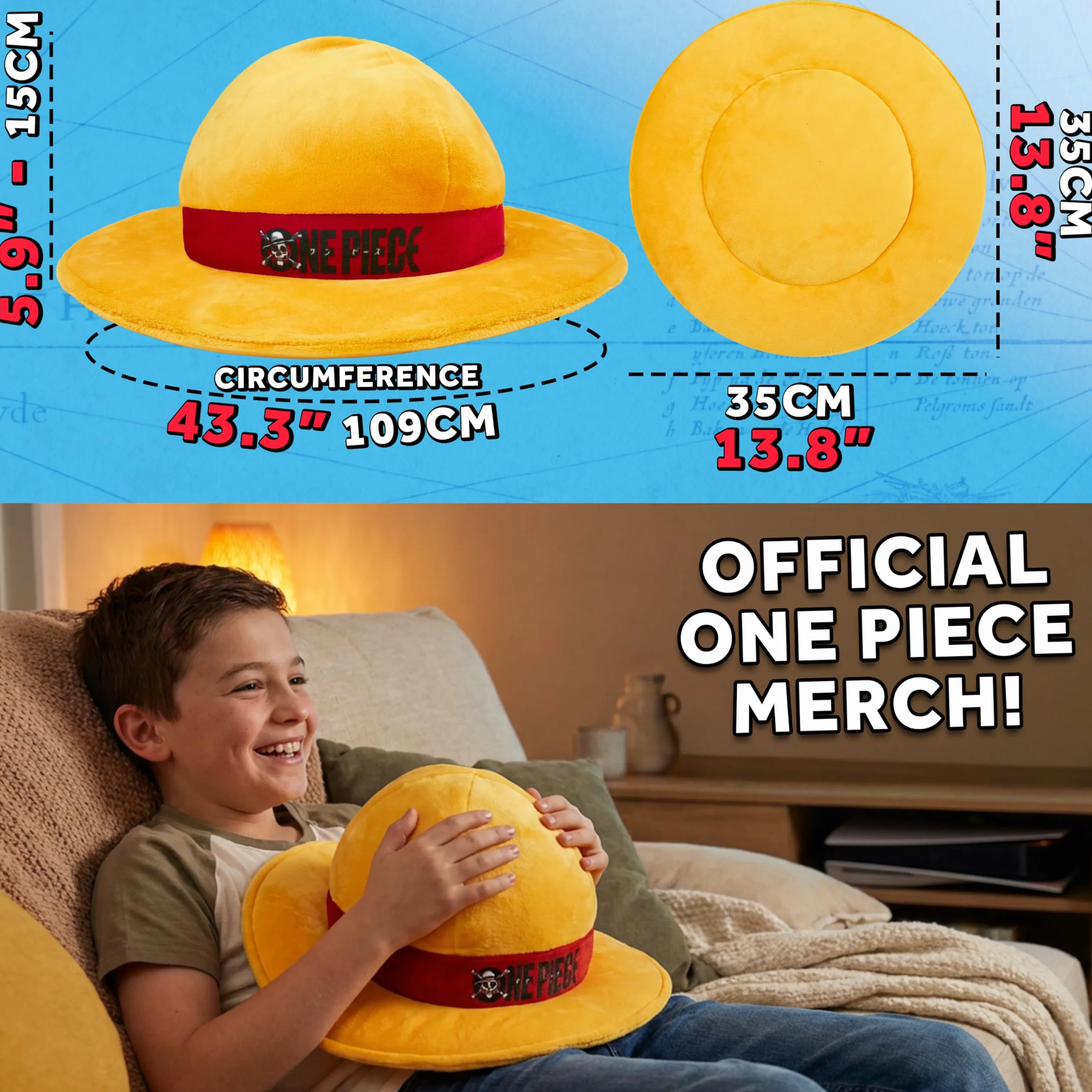 One Piece Coussin 3D Enfant Ado Adulte Oreiller Peluche Manga Doux L35 x W35 Jaune