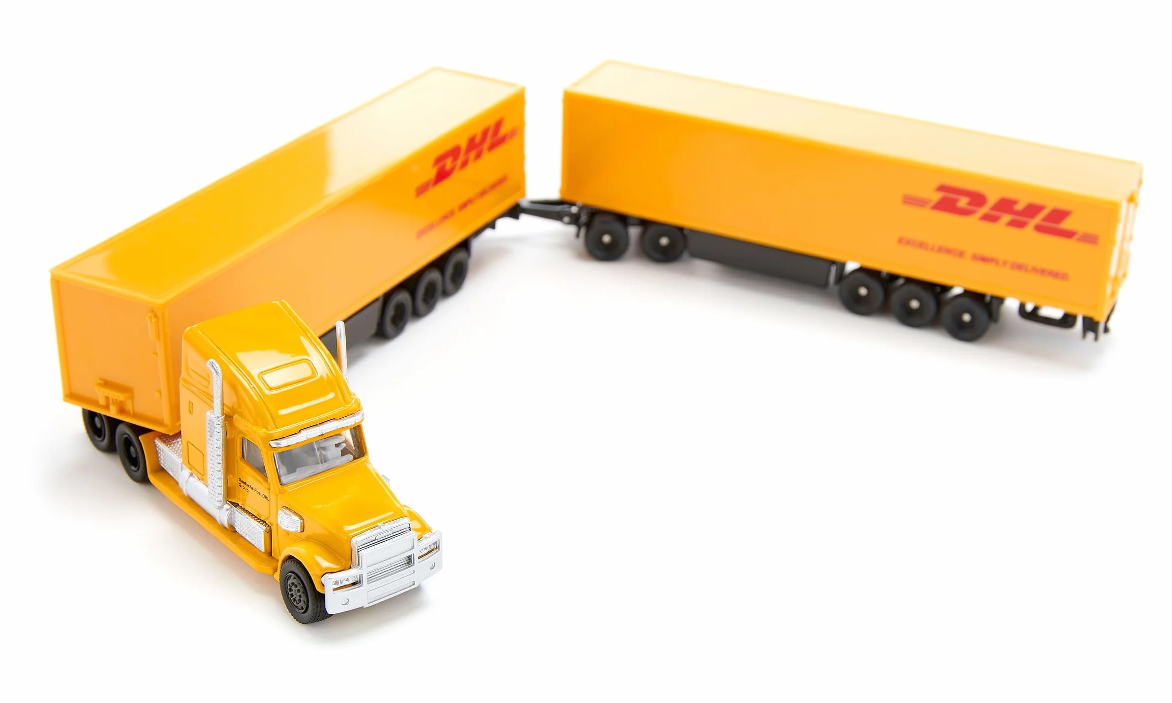 Siku 1806 Freightliner DHL Road Train tracteur semi-remorque 1:87 métal plastique jaune remorque amovible portes ouvrantes
