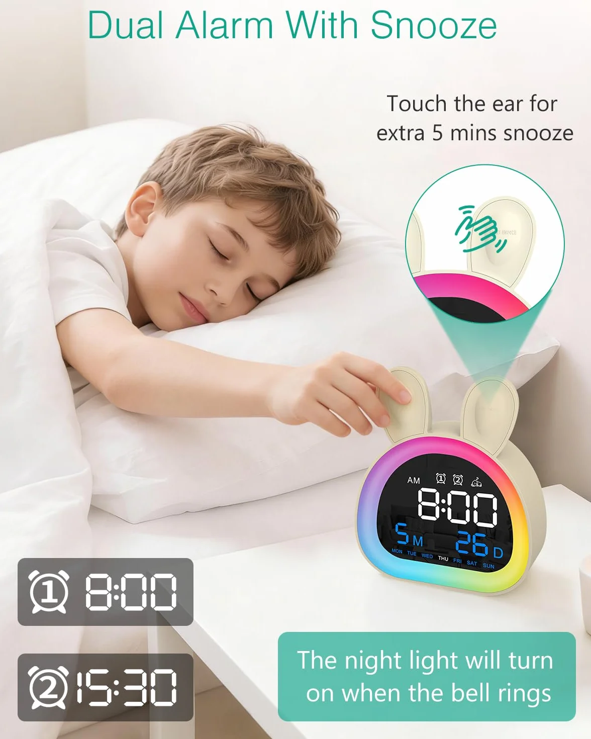 ORIA Réveil Numérique Enfant avec Veilleuse Multicolore, Bluetooth, Sons Naturels, 5 Niveaux Luminosité