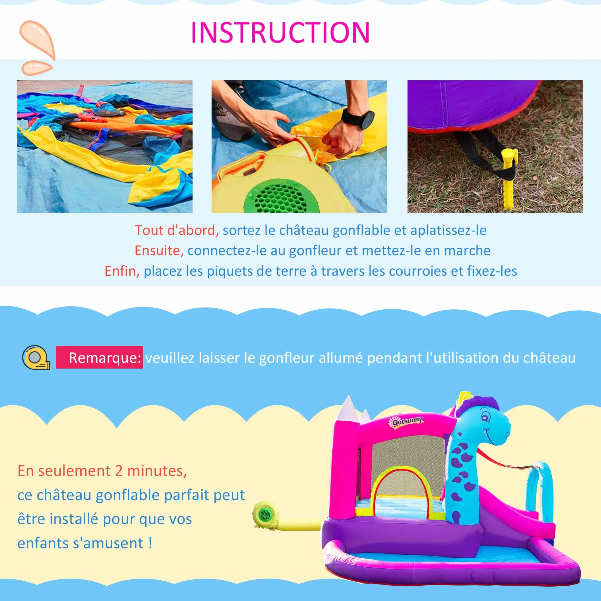 Outsunny Château Gonflable avec Toboggan, Trampoline et Piscine 300x270x200 cm 350W Souffleur Inclus
