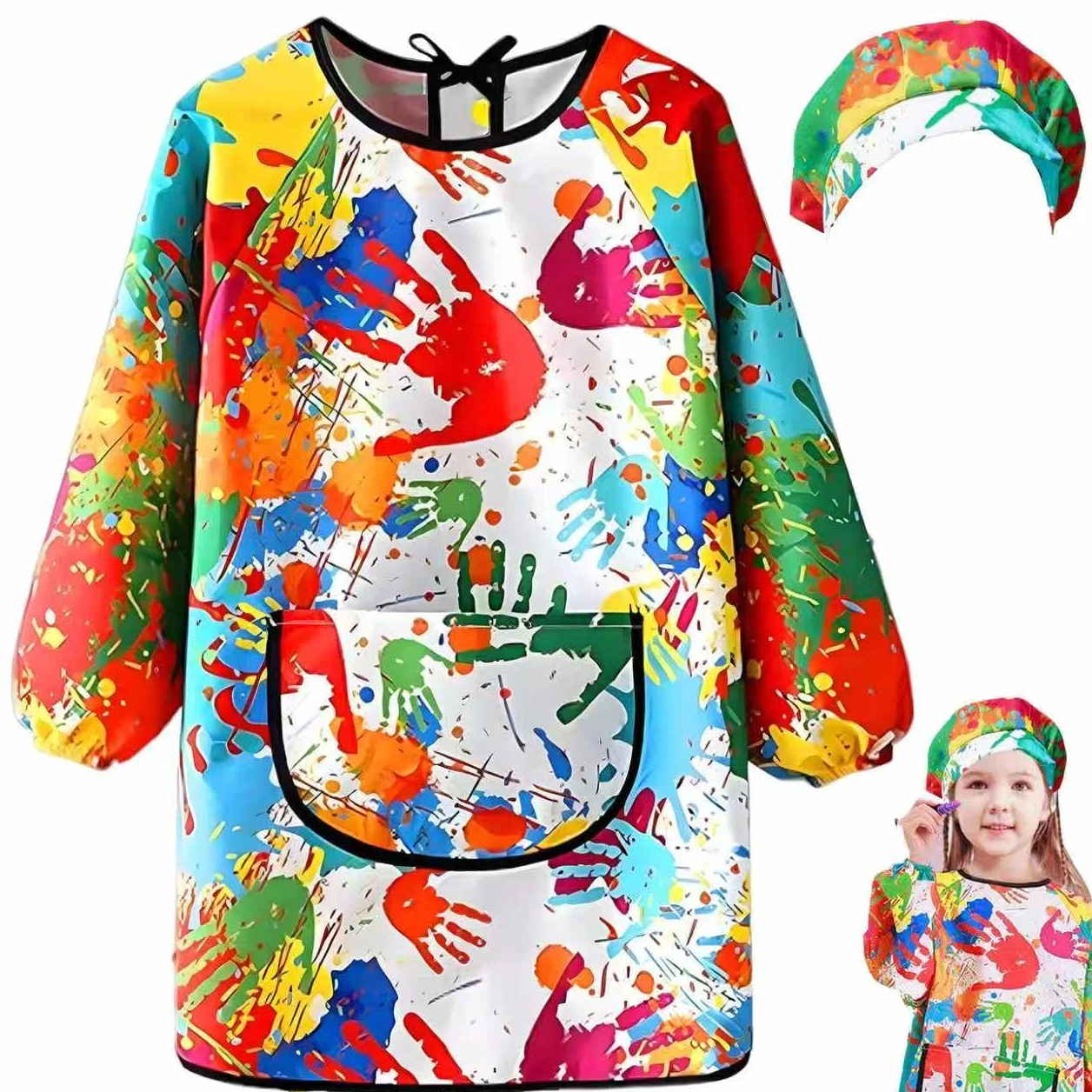 Tablier Peinture Enfant Imperméable 7-11 ans Réutilisable avec Capuche Manches Poches